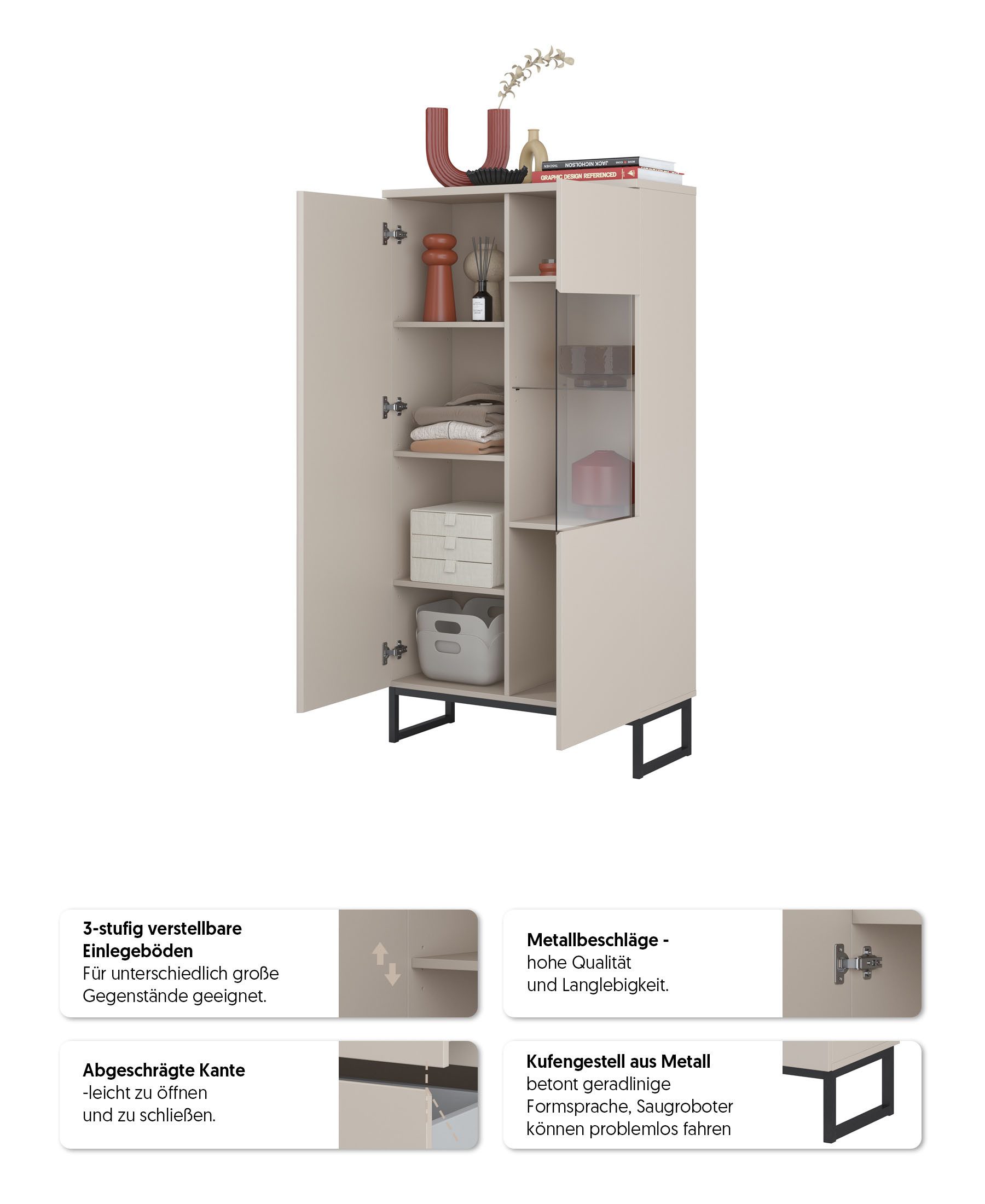 OTTO home Vitrine Modo II, Breite 80 cm, moderner griffloser Vitrineschrank Vitrine viel Stauraum, Einlegeböden verstellbar, Glastür, Metallkufen