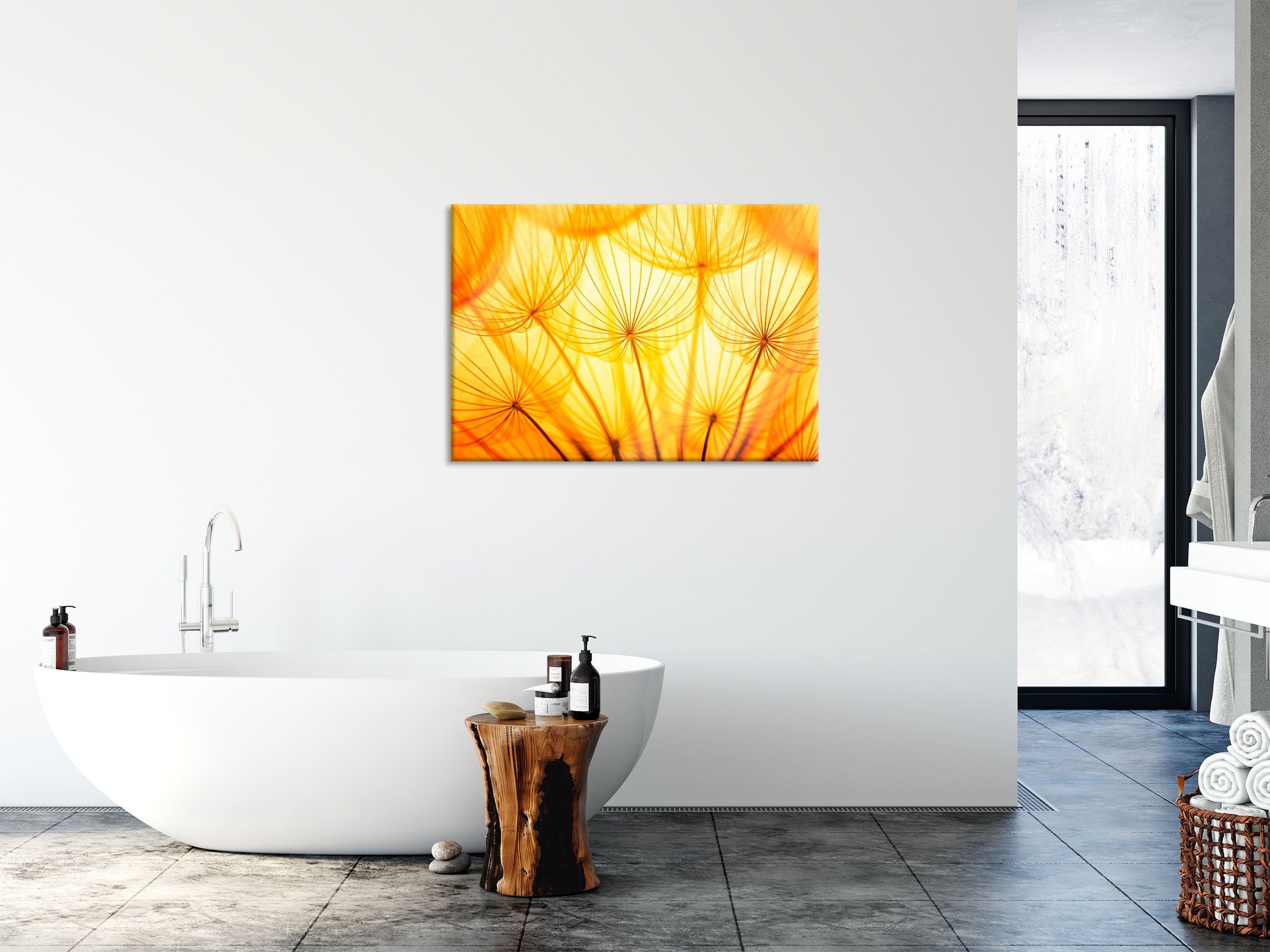 Pixxprint Glasbild Pusteblumen inkl. (1 Aufhängungen Pusteblumen oranges Echtglas, Glasbild oranges St), Licht Licht, und Abstandshalter aus