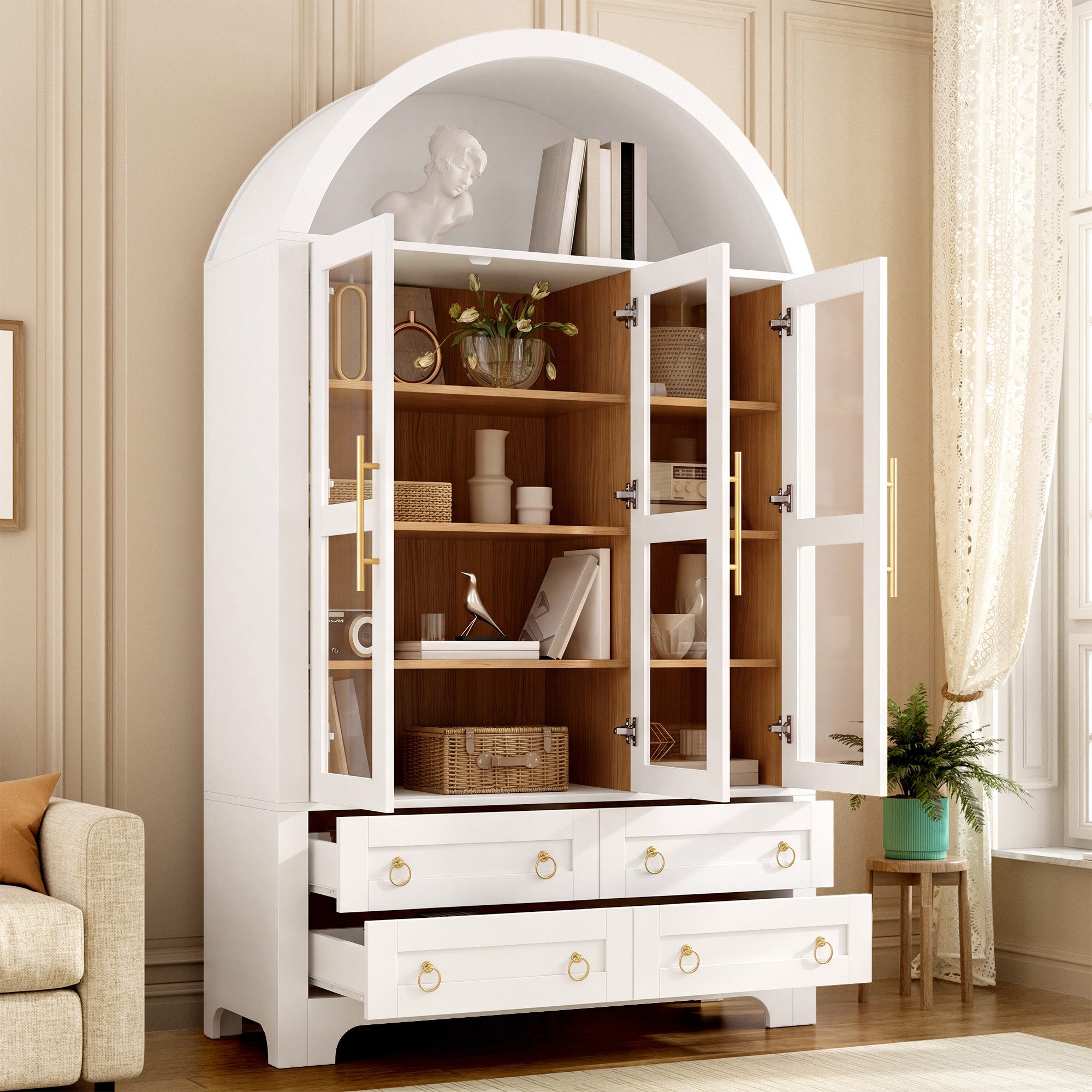 Merax Hochschrank Bogen-Mehrzweckschrank Glasvitrine mit Aluminiumgriffen (Anrichte Sideboard Aufbewahrungsschrank, 1-St., 110 L x 40 B x 185 H cm) Wohnzimmersc – Bild 2 von 5
