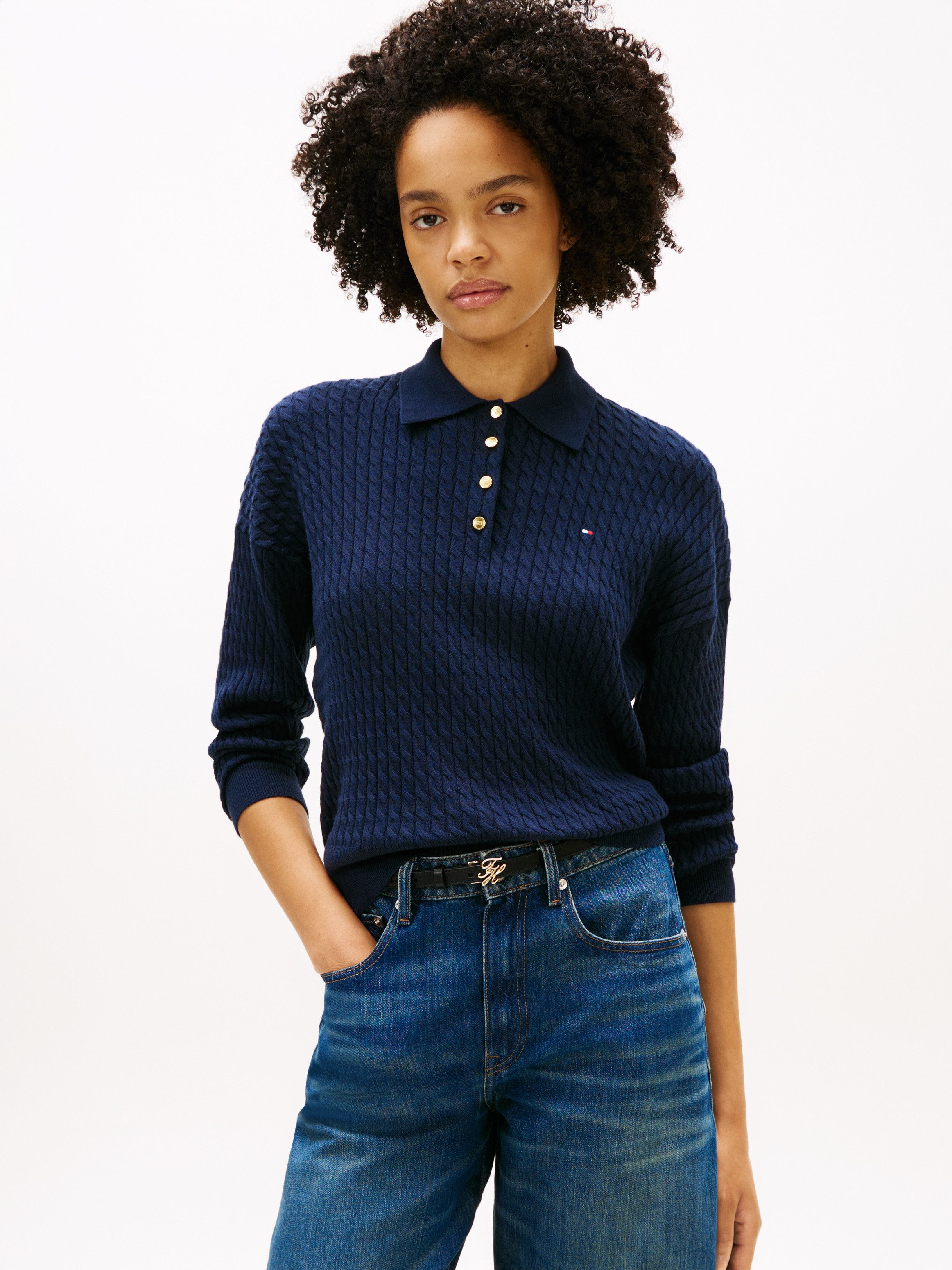 Tommy Hilfiger Strickpullover CO CABLE FINE GG RLXD POLO SWT mit Zopfmuster günstig online kaufen