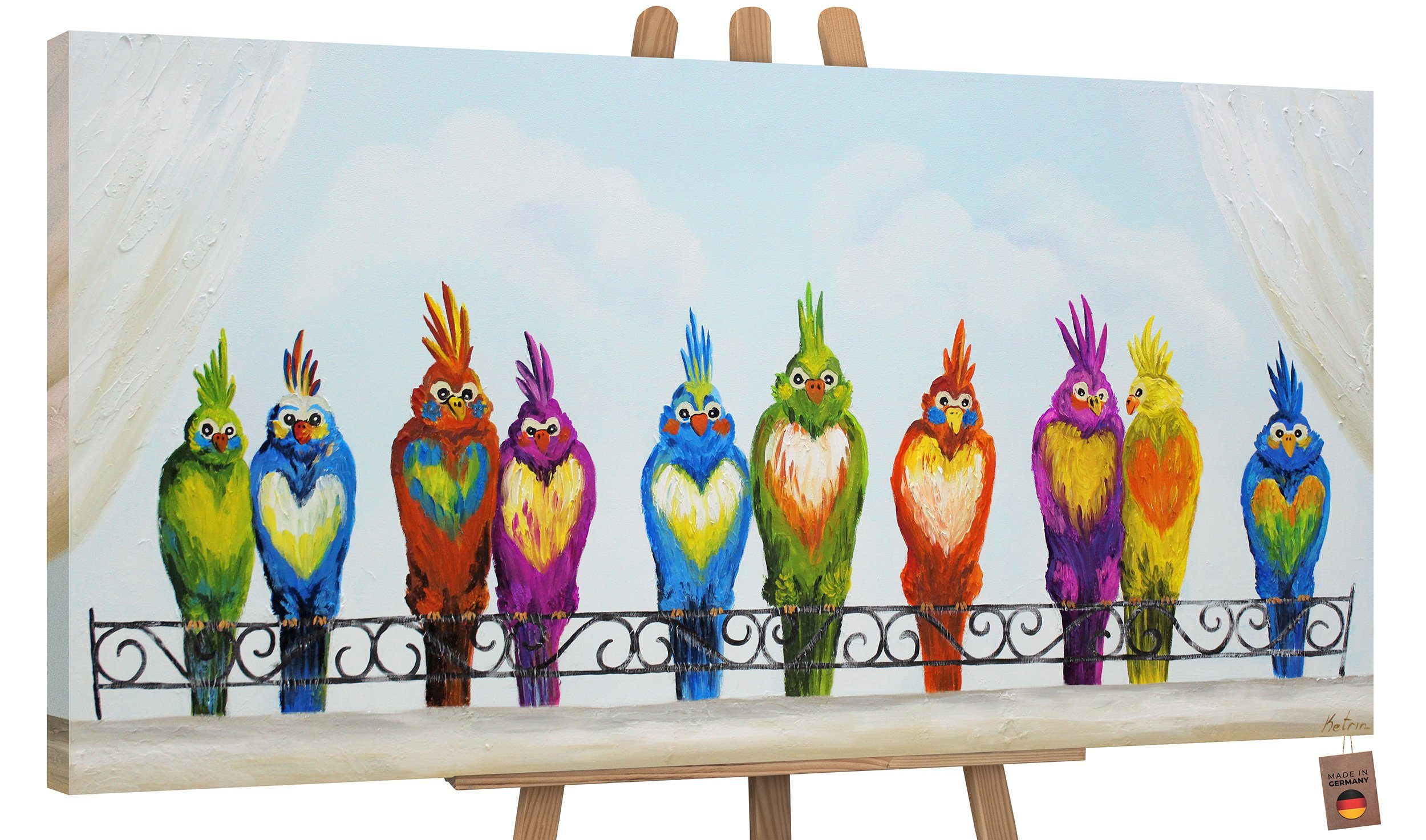 YS-Art Gemälde Lustige Vögel, Tiere, Papagei auf Leinwand Bild Handgemalt Bunte Lustige Vögel Ohne Schattenfugenrahmen