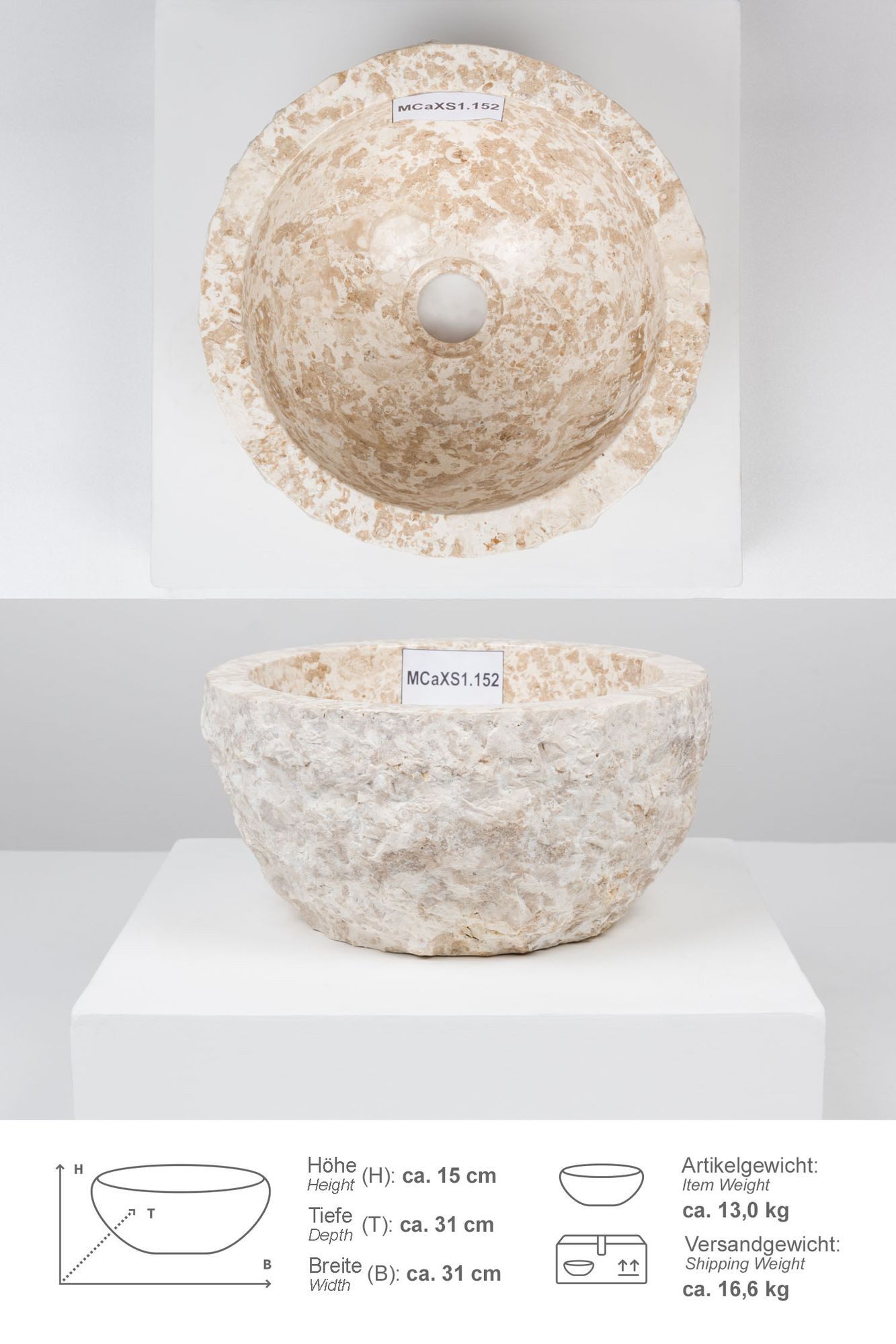 wohnfreuden Aufsatzwaschbecken Erosi Marmor Waschbecken 30 cm creme (Kein S günstig online kaufen