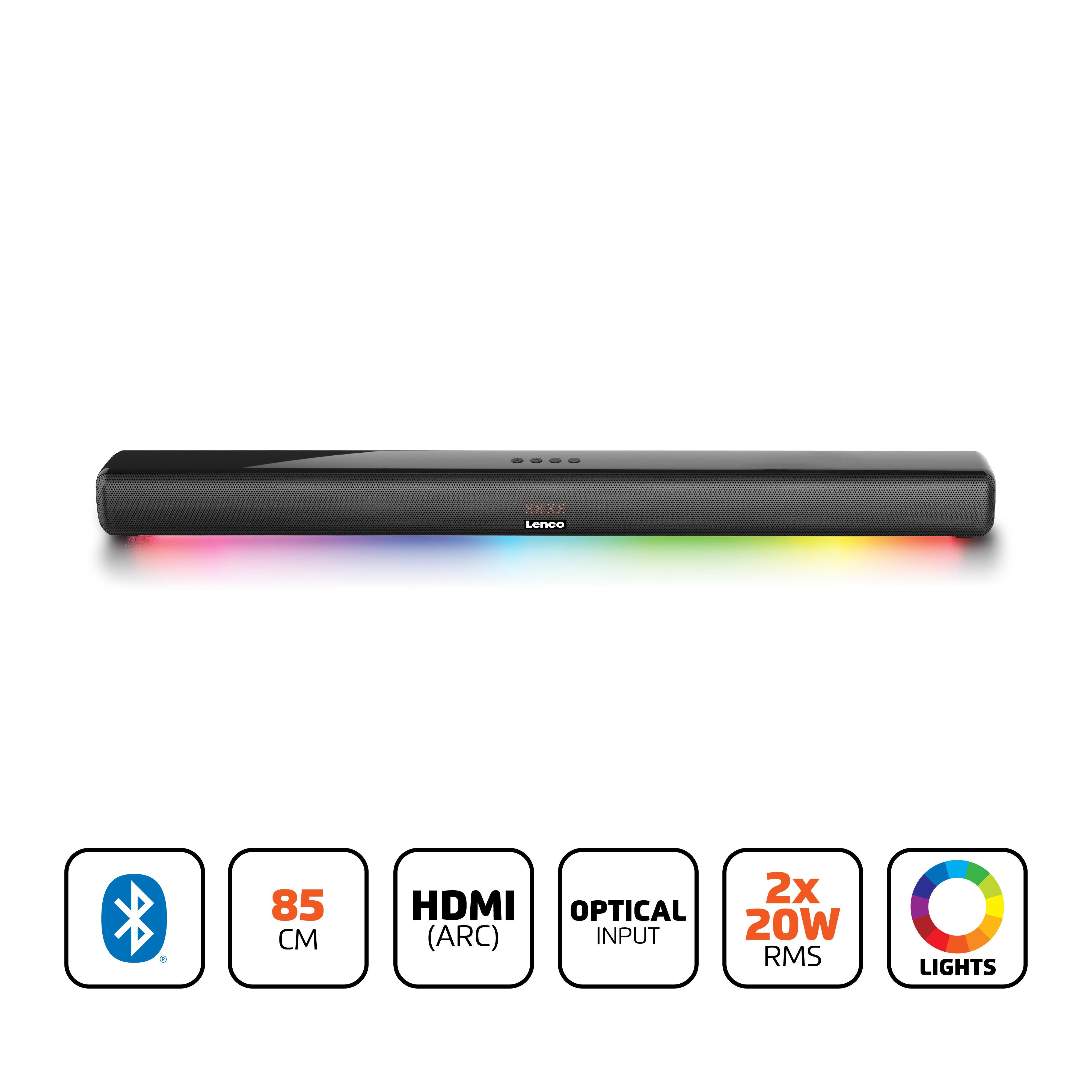 Lenco SB-042LEDBK Soundbar 2.0 (Bluetooth, 40 W, 10m Bluetooth-Reichweite, AUX & HDMI Anschluss inkl. Fernbedienung)