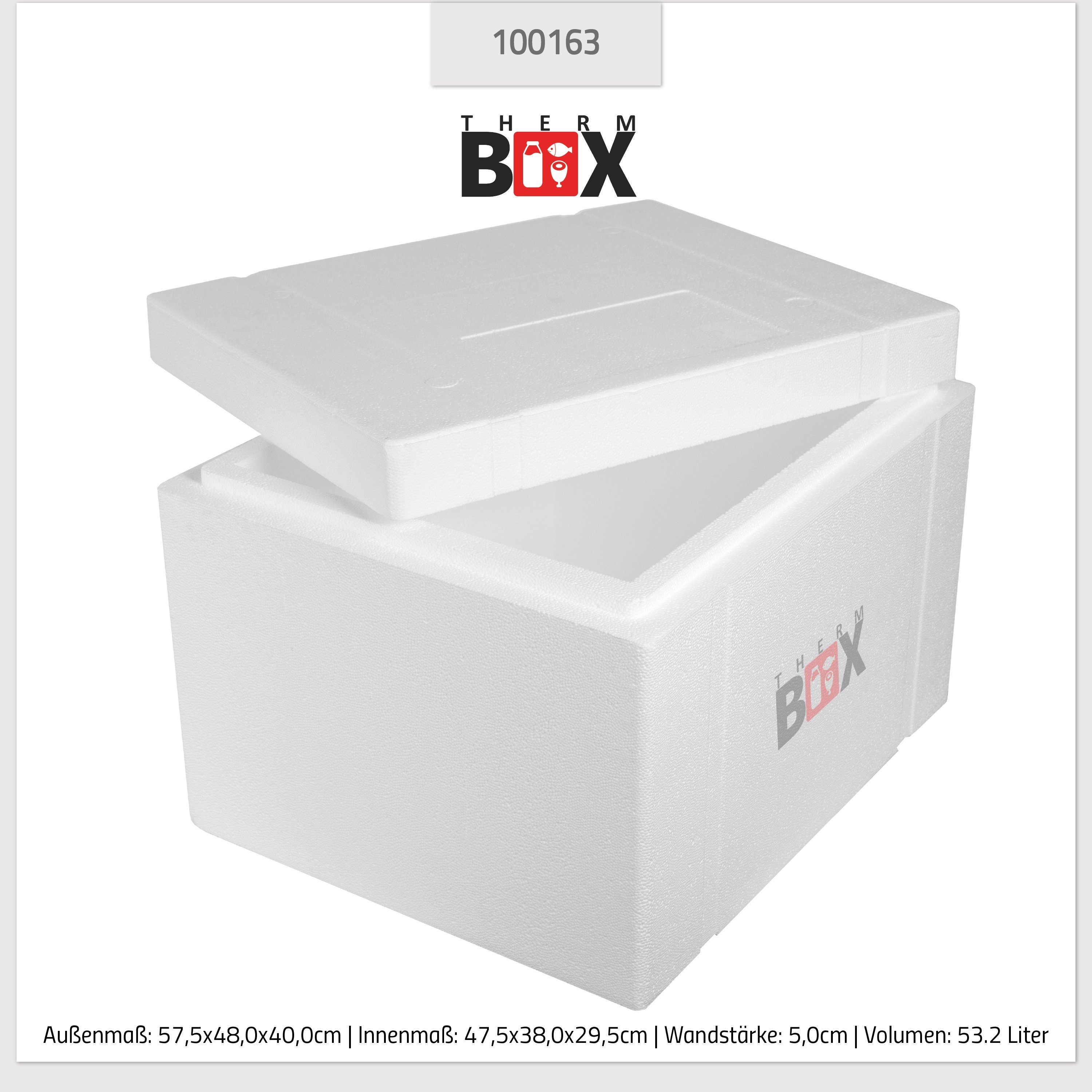 Styroporbox Styropor-Verdichtet, Innenmaß:47x38x29cm, Isolierbox 53,2L Box Kühlbox mit (1, Thermobox im THERM-BOX Warmhaltebox Karton), Deckel Wiederverwendbar 53W 5cm Wand: Thermobehälter 0-tlg.,