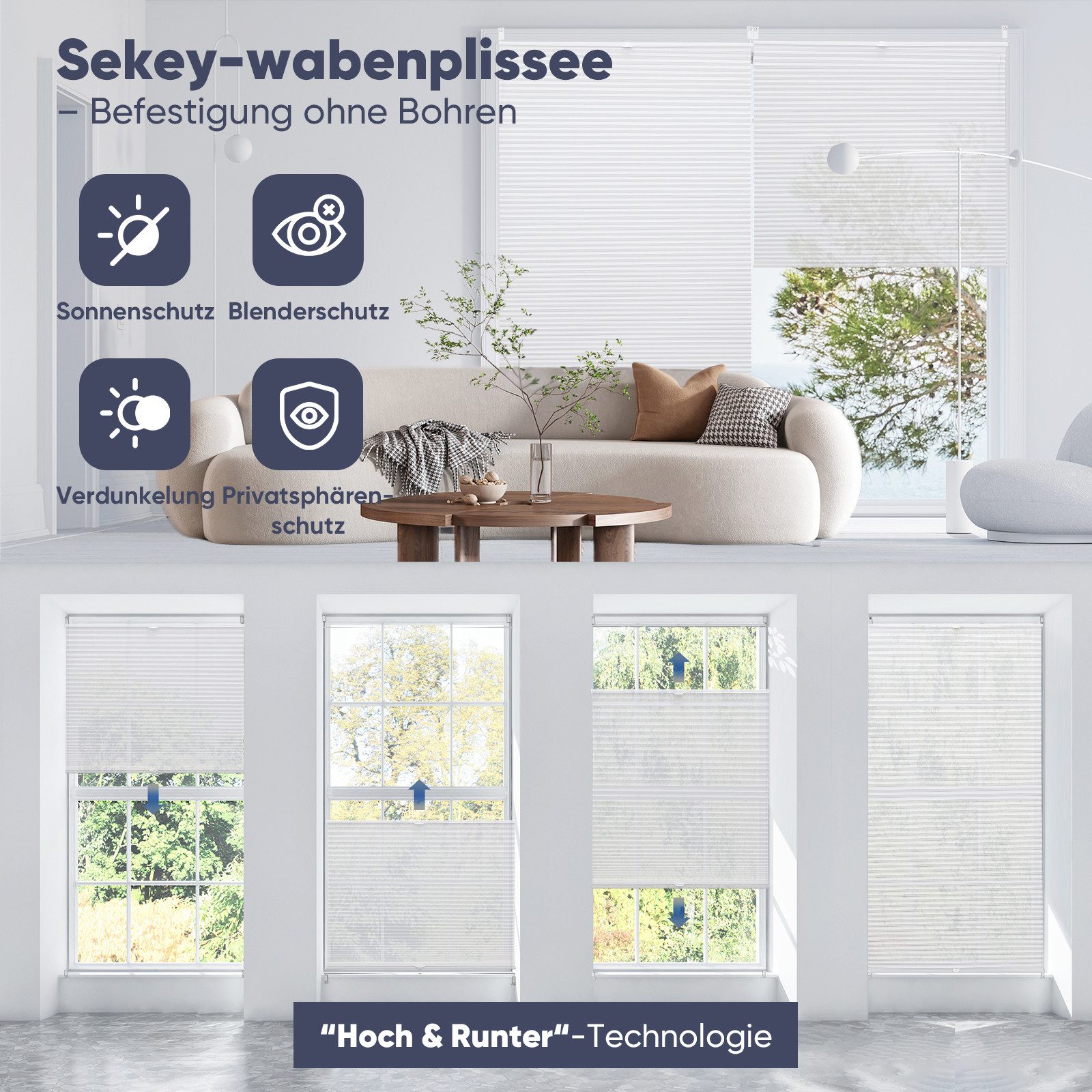 Sekey Plissee für Fenster ohne Bohren Glatte Vorderseite ohne Durchfädelöffnungen, blickdicht, Bohren oder Klemmfix, Halb-Wabenplissee, blickdicht, Vorderseite ohne sichtbare Schnurlöcher