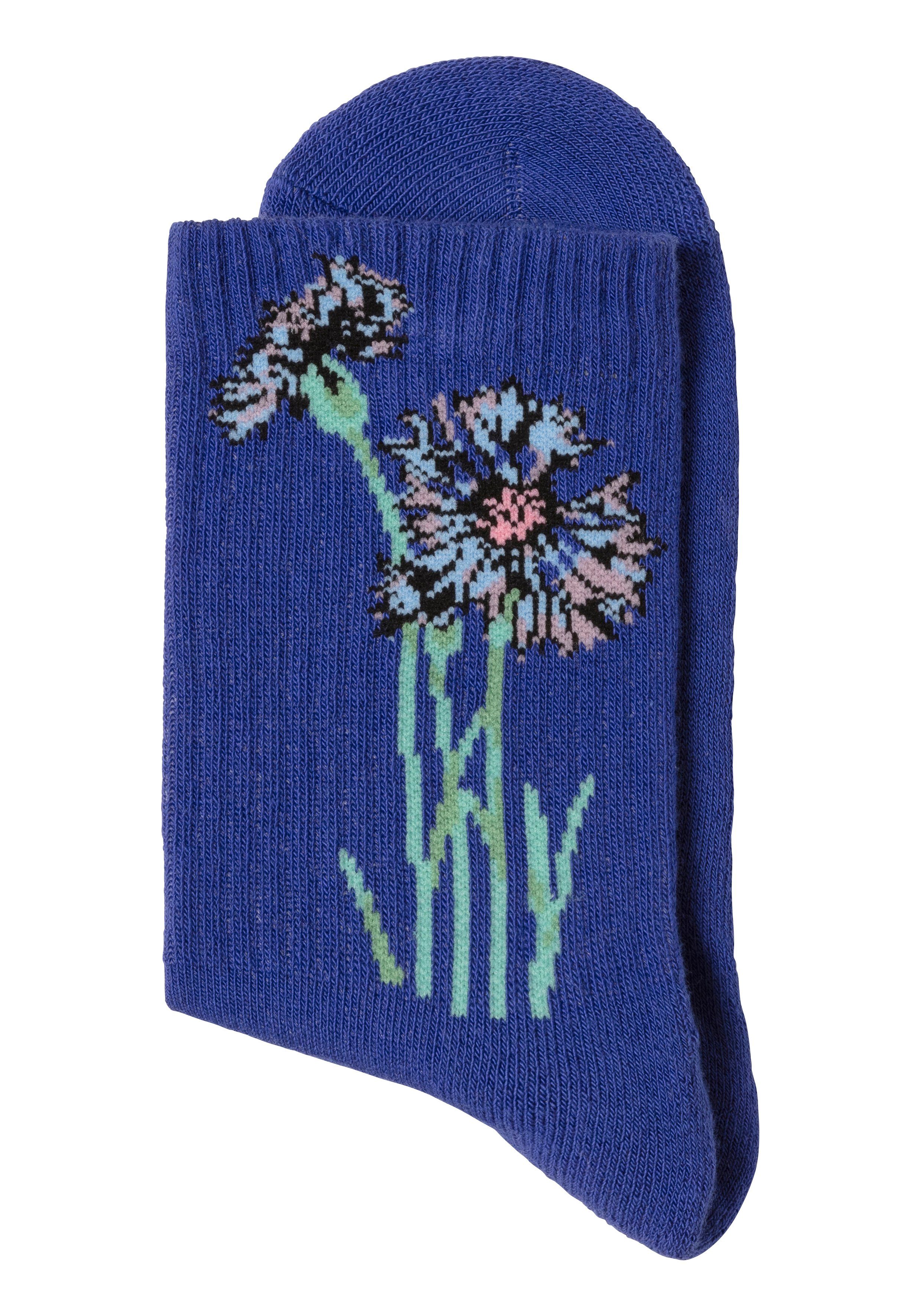 LASCANA Basicsocken (Packung, royalblau eingestrickten mit 1x Motiven Blumen hellbeige-melange, 1x 4-Paar) 1x jeans-meliert, 1x ecru