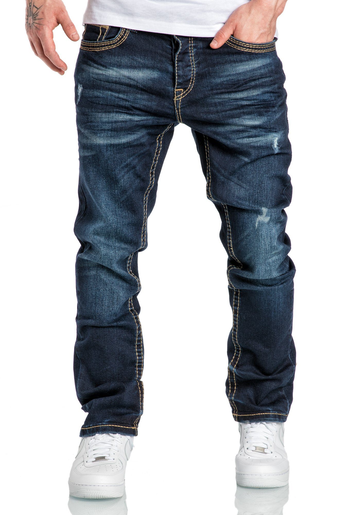 Amaci&Sons Stretch-Jeans ANCHORAGE Jeans Destroyed Regular Slim Herren Dicke Nähte Destroyed Regular Slim Denim Hose Fit