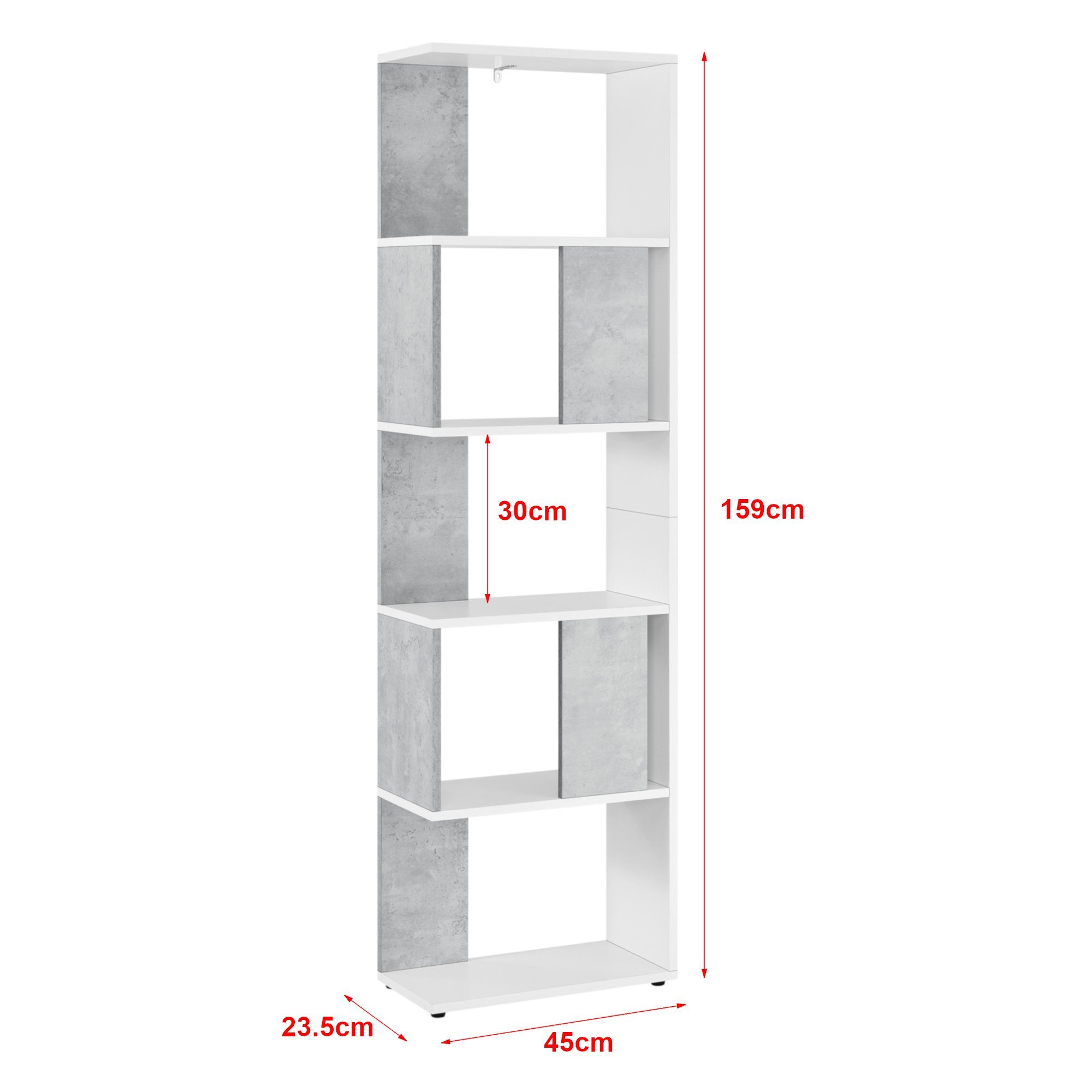 betonfarben 159x45x23,5cm Ablageflächen Weiß/Betonoptik mit Regal Bücherregal, en.casa »Aneby« - 5 weiß
