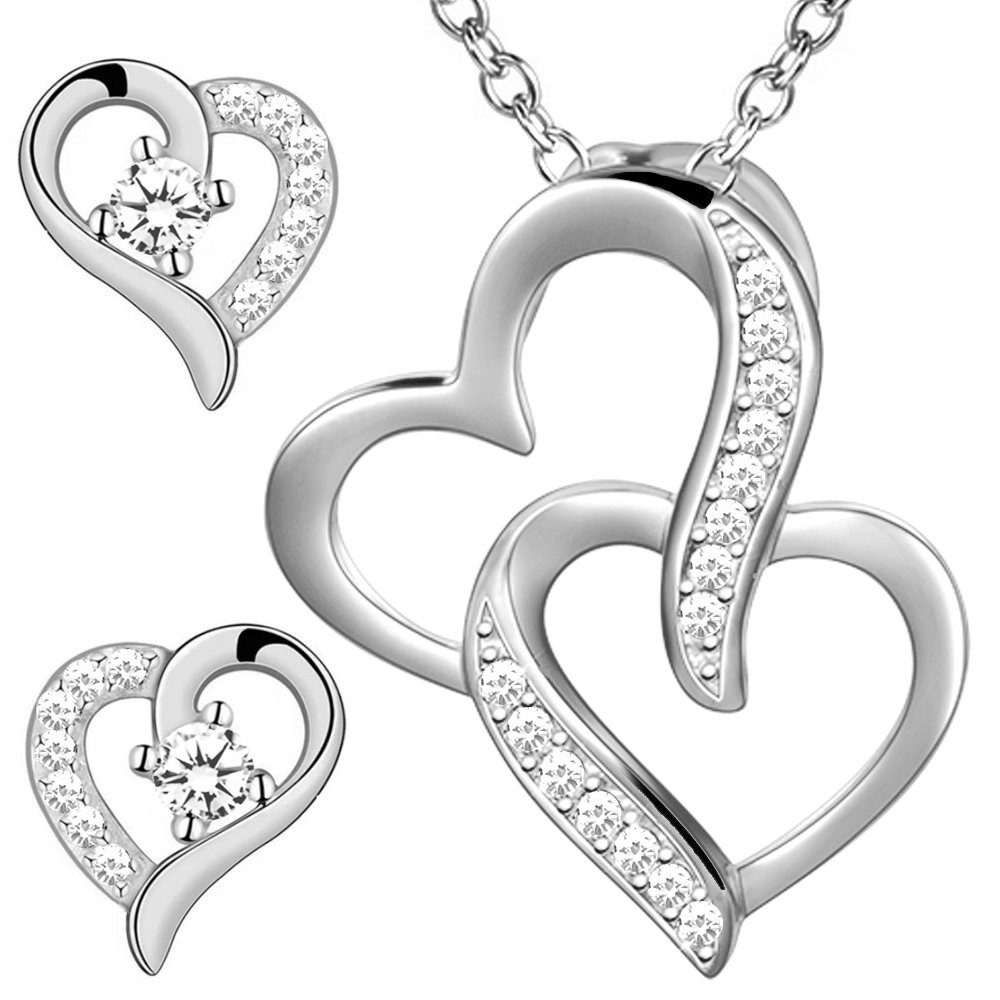 Herz Ohrringe Halskette mit Anhänger Silber 925 Gold für Damen Frauen Schmuckset 