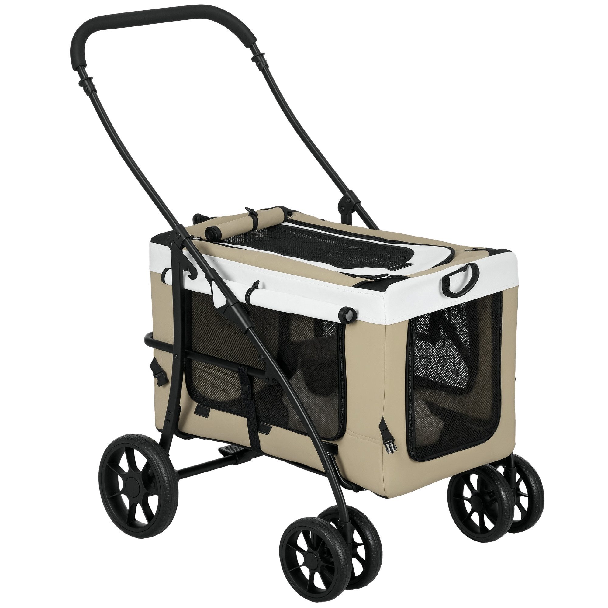 PawHut Hundebuggy Hundewagen Katzenbuggy klappbar mit Kissen Netzfenstern Türen, (Haustierwagen, 1-tlg), für Hunde & Katzen bis 10 kg, Khaki