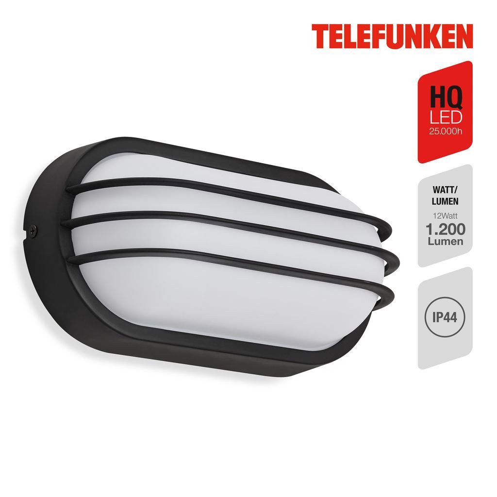 Telefunken Außen-Wandleuchte 315605TF, LED fest integriert, 2700K - Extra-Warmweiß, Wand Außenleuchte IP44 4000K 12W 1200lm 24x12x9cm