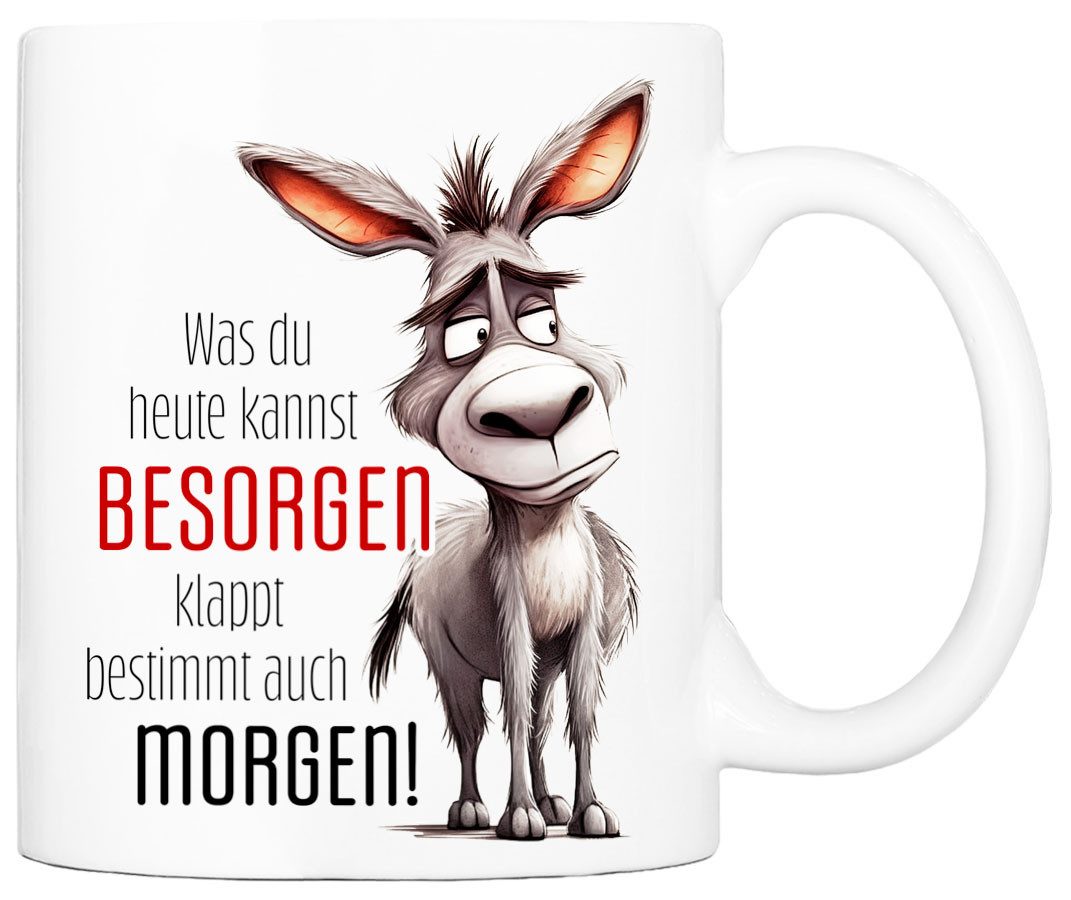 Cadouri Tasse mit Spruch WAS DU HEUTE KANNST BESORGEN Kaffeetasse Büro Arbeit, Keramik, Kaffeebecher, Geschenkidee Arbeitskollege, lustig, Humor, 330 ml