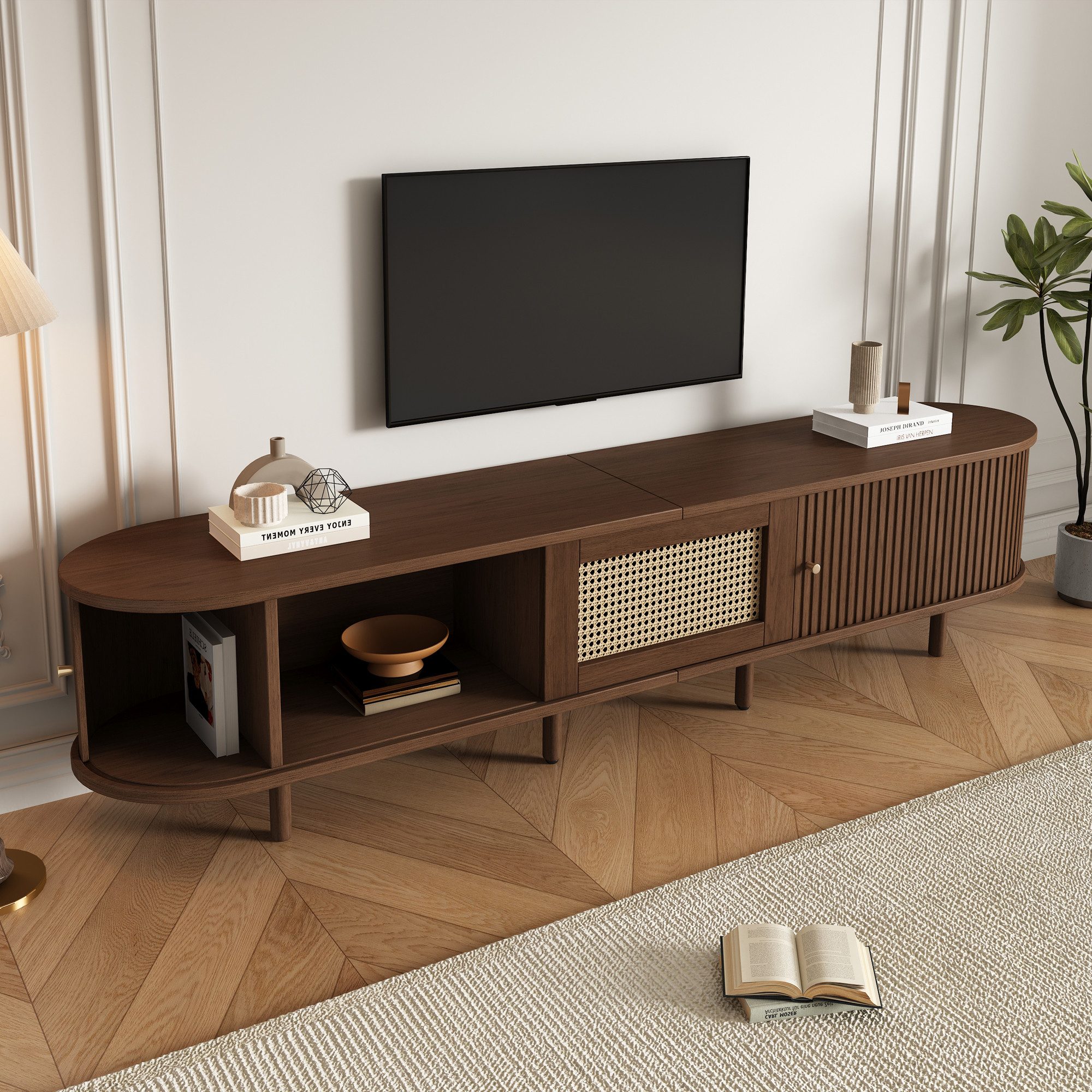 Merax Lowboard Ovaler TV-Schrank mit goldenen Griffen & Rattan-Design in Walnuss (1 St., 180x40x40 cm), TV-Lowboard mit Schublade Schiebetüren & verstellbaren Massivholzfüßen