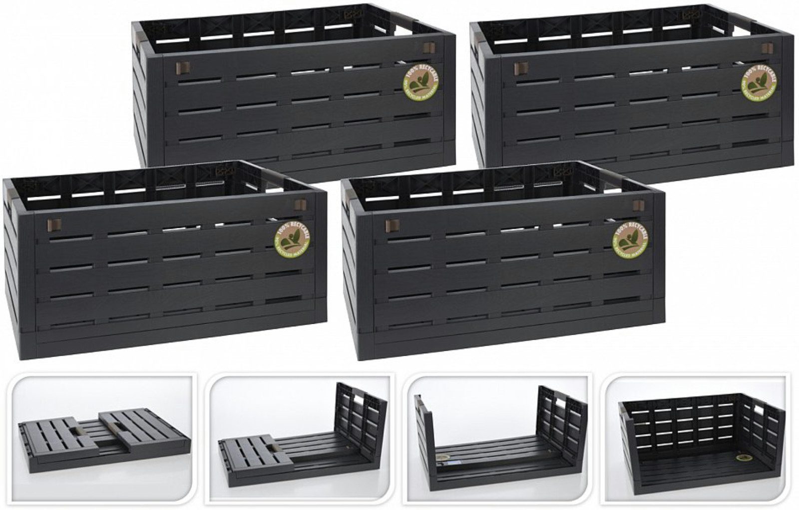 Koopman Klappbox Einkaufskiste Klappkiste Transportkiste 59x38x28cm 60L 4er Set, 60 l, Faltbar, 50kg belastbar, 2 Tragegriffe, Kunststoff, Schwarz