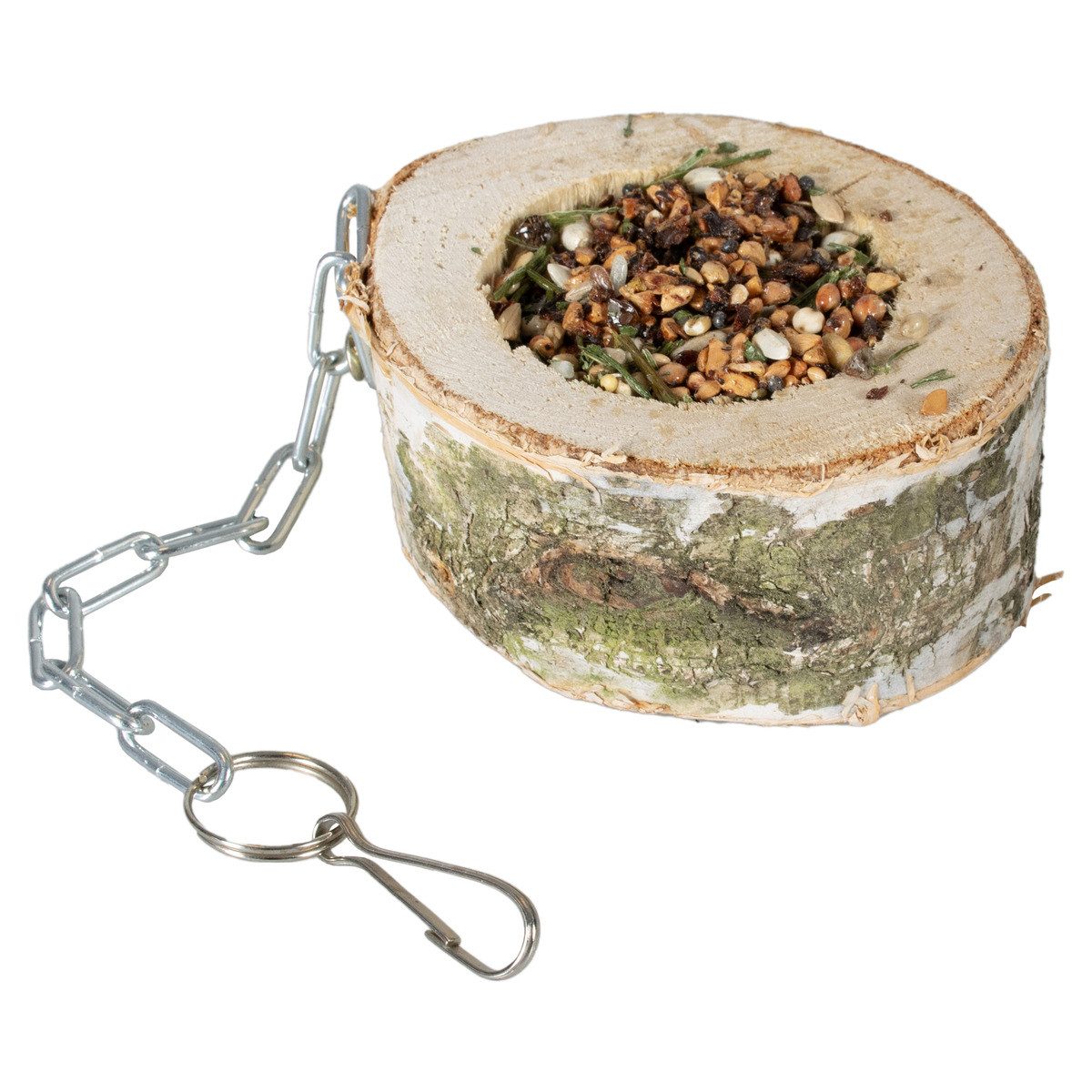 DUVO+ Vogelsnack gefüllter Birkenstamm Schaukel 200 g, Trockenfutter für: Vogel