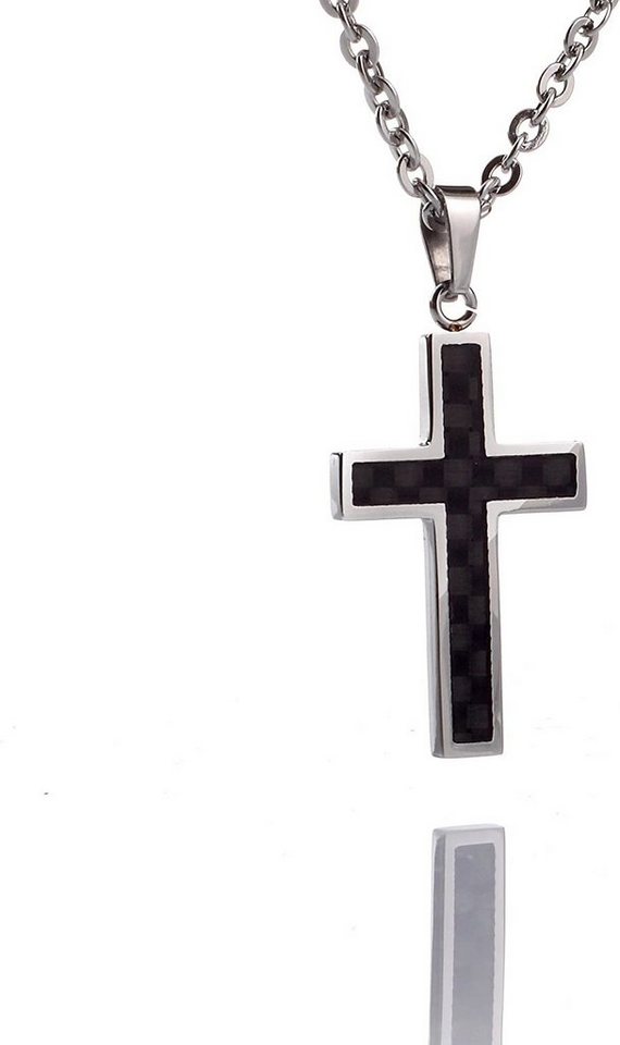 Karisma Kette mit Anhänger Edelstahl Kettenanhänger Kreuz mit Karboneinlage  Männerschmuck Unisex mit EdelstahKette- 50cm