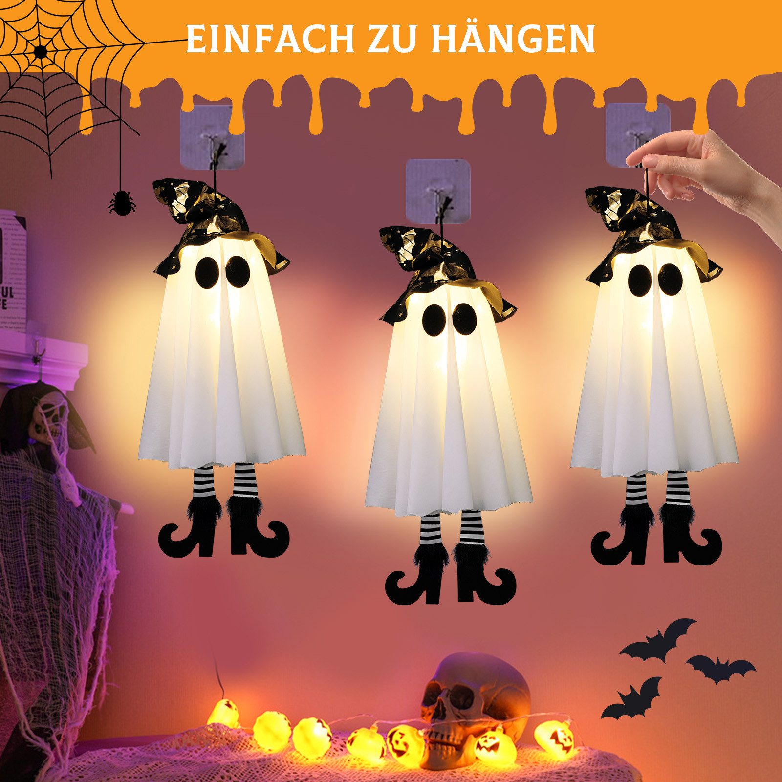 MUPOO Dekohänger Halloween Hängegeister Dekoration,LED-Lichterkette Geister (1 St), Batteriebetrieben,3 Blinkmodi,mit gestreiften Strümpfen,für Halloween