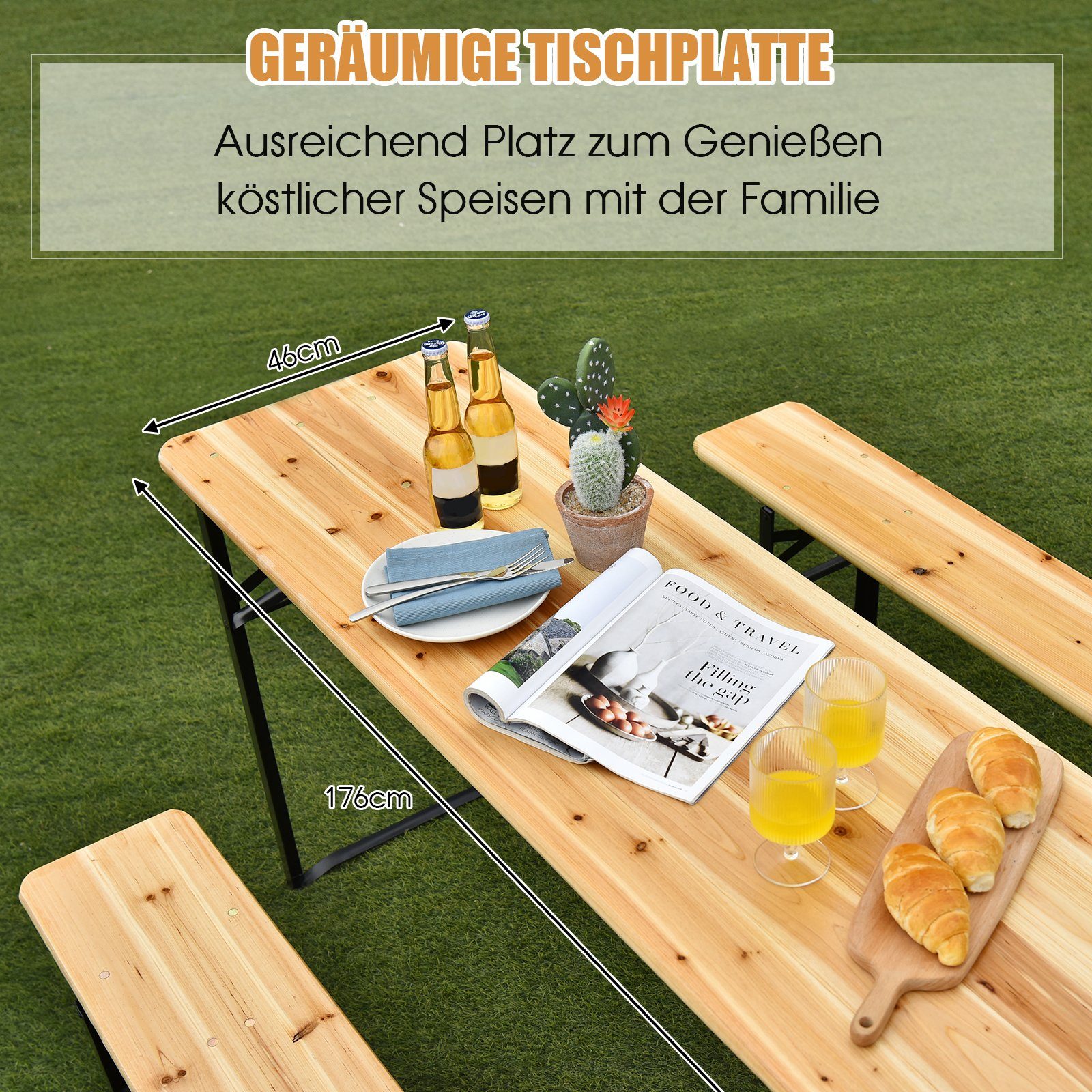 COSTWAY Bierzeltgarnitur, (3-tlg), Campingtisch Metallrahmen, 178x46x76cm