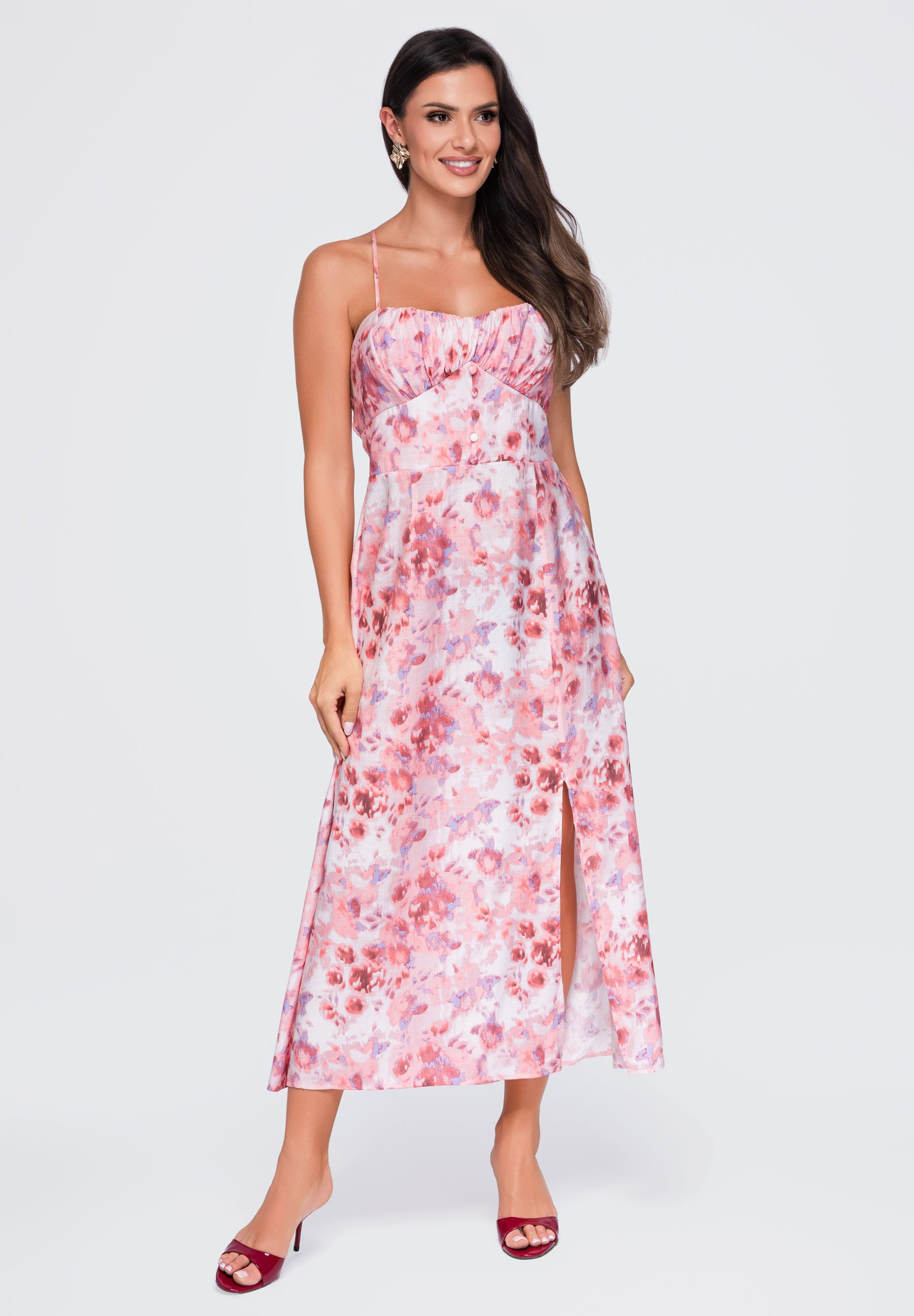 OMBRE Maxikleid Damen Maxikleid mit floralem Muster und V-Ausschnitt Pink M (kein Set, 1-tlg)