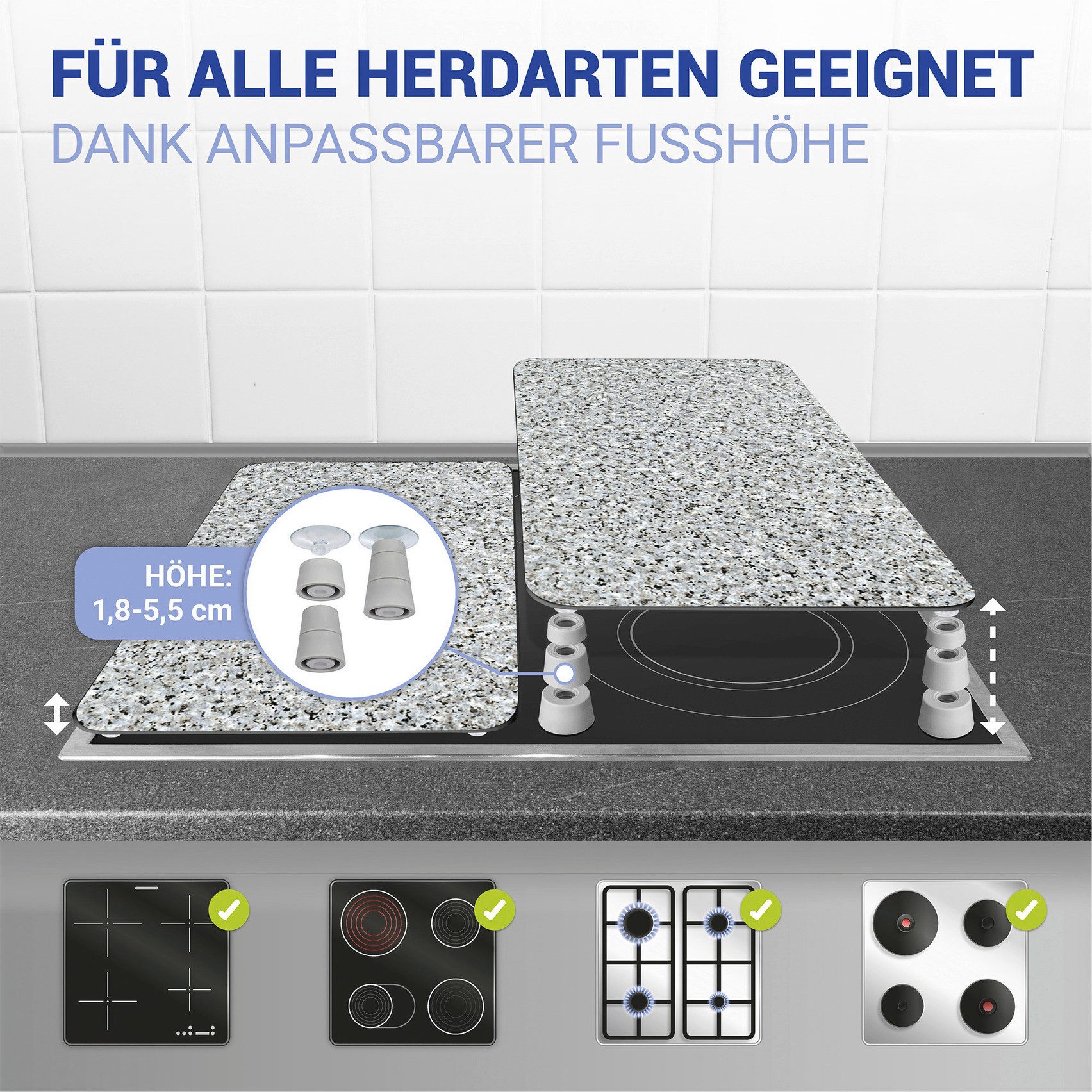 WENKO Herd-Abdeckplatte Universal Modell Granit, Glas, Kunststoff, (Set, 2 tlg), Herdabdeckung für alle Herdarten, kratzfest, mit rutschfesten Füßen