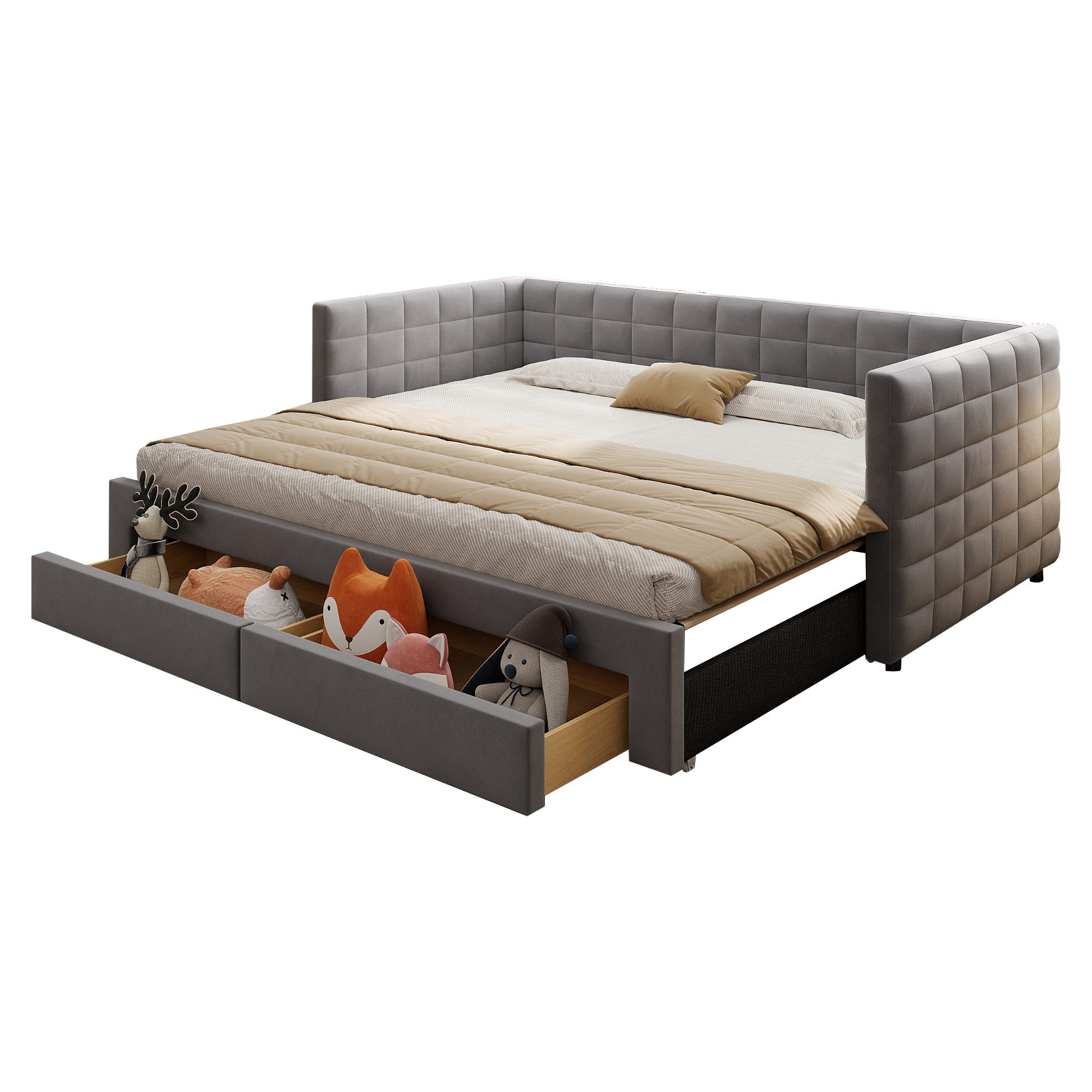 REDOM Schlafsofa 3-in-1 Polsterbett, mit Schubladen & Ausziehfunktion, wandelbares Einzel-/Doppelbett, ohne Matratze