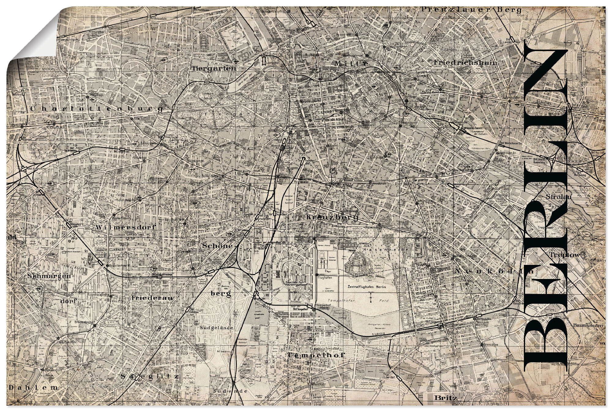 Artland Wandbild Berlin Karte Straßen Karte Grunge, Deutschland (1 St), als Alubild, Leinwandbild, Wandaufkleber oder Poster in versch. Größen