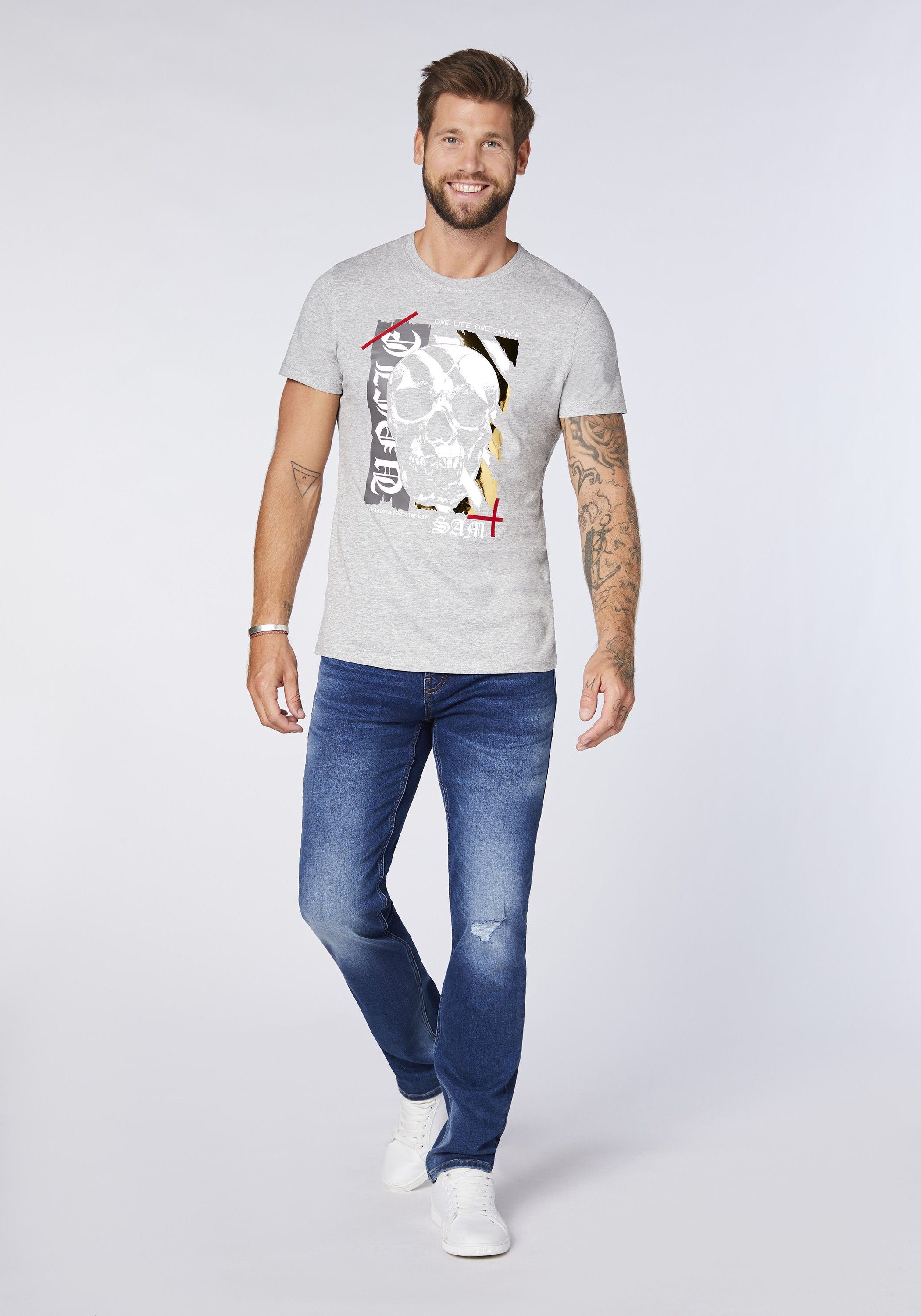 Neutral Print Gray Print-Shirt mit Melange Totenkopf 17-4402M Sam Uncle