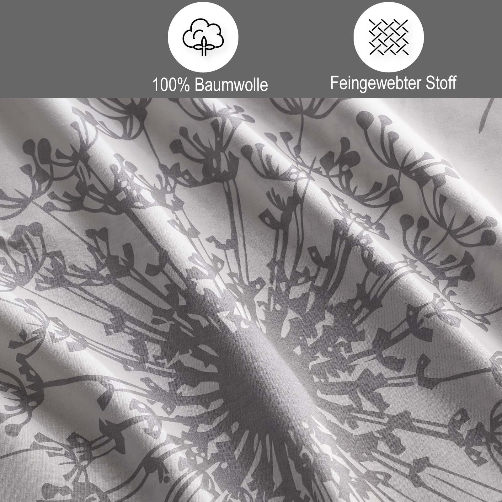Buymax Bettwäsche Willow, Renforcé: 100% Baumwolle, 2 teilig, 135x200 cm, Bettbezug-Set mit Reißverschluss Blumen Blätter, Weiß Grau
