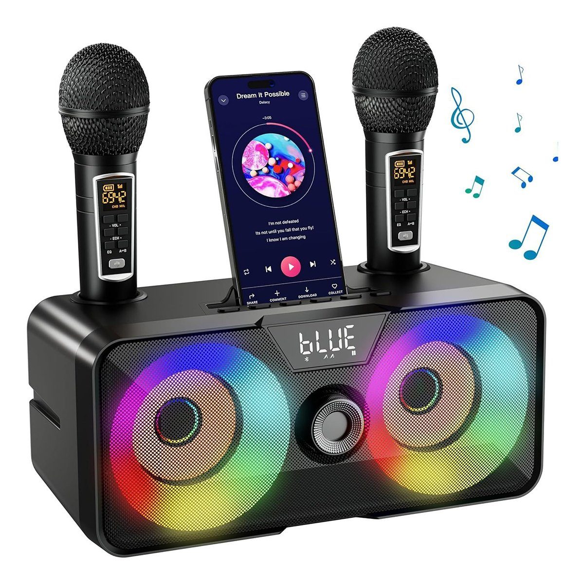 DOPWii Tragbare Karaoke-Maschine, Bluetooth-Lautsprecher Karaoke-Maschine (mit 2 kabellosen Mikrofonen)