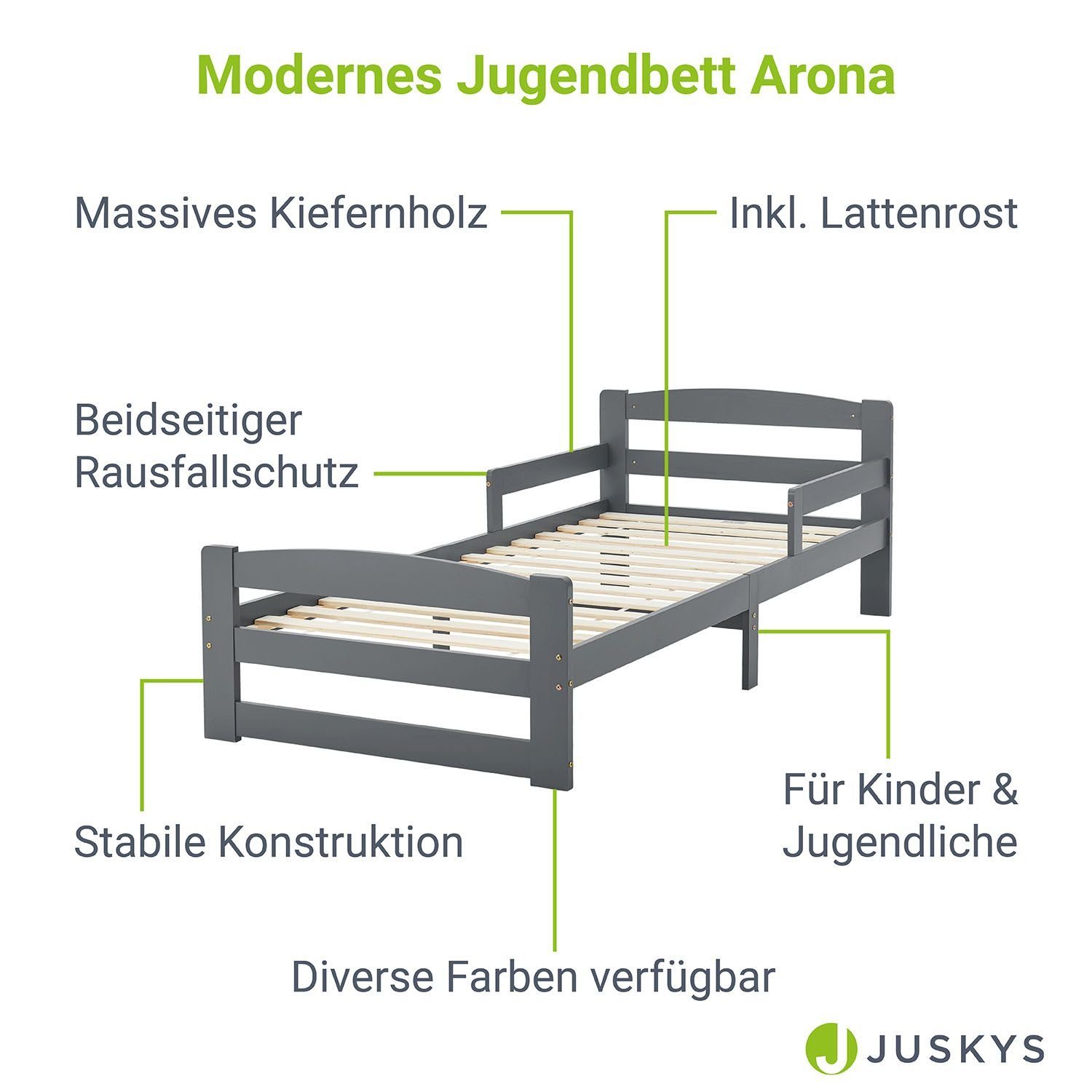 Juskys Einzelbett Arona Lattenrost Grau), inkl. Jugendliche, cm für modernes Rausfallschutz, (90x200 Design, 