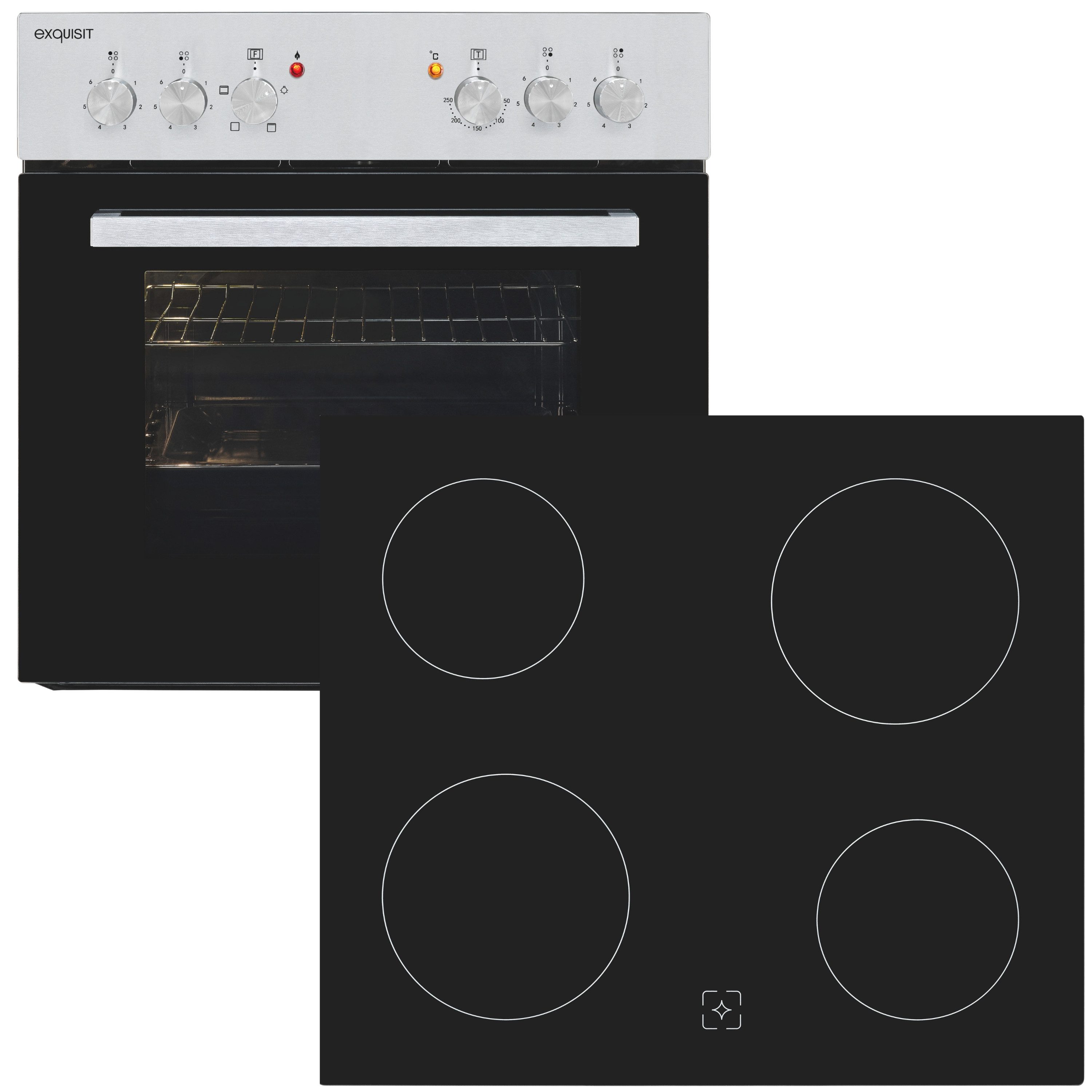 exquisit Backofen-Set EHE146-120 Set inox, Ober&Unterhitze mit 4-Zonen-Glaskeramikkochfeld – einfach & sicher!