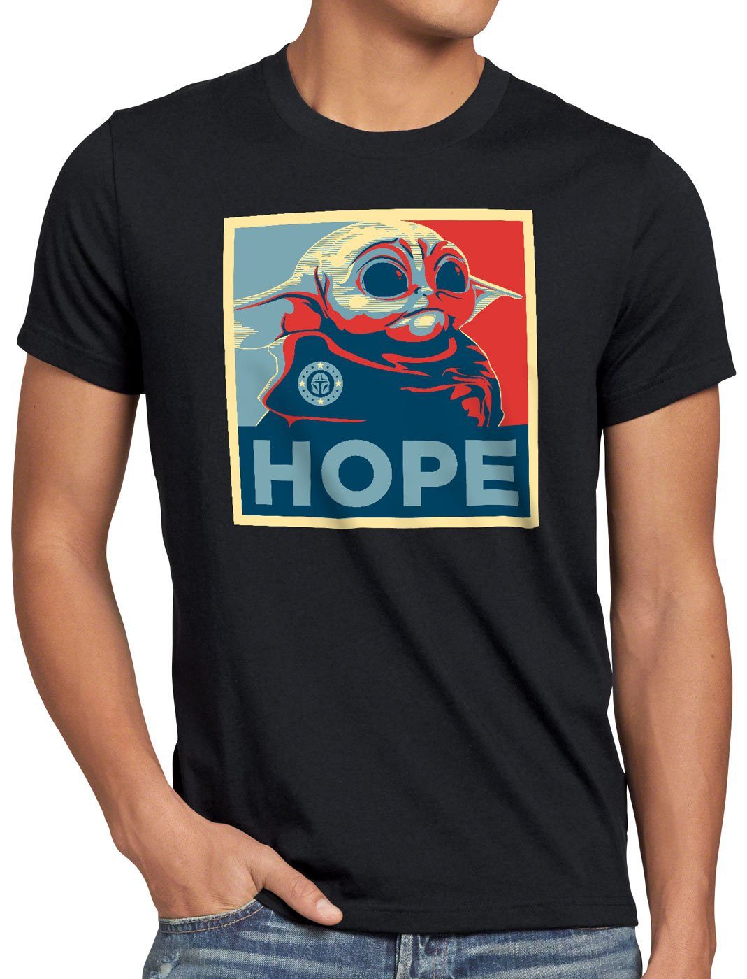 T-Shirt schwarz Hope mini Herren kopfgeldjäger Baby mando style3 Print-Shirt Yoda