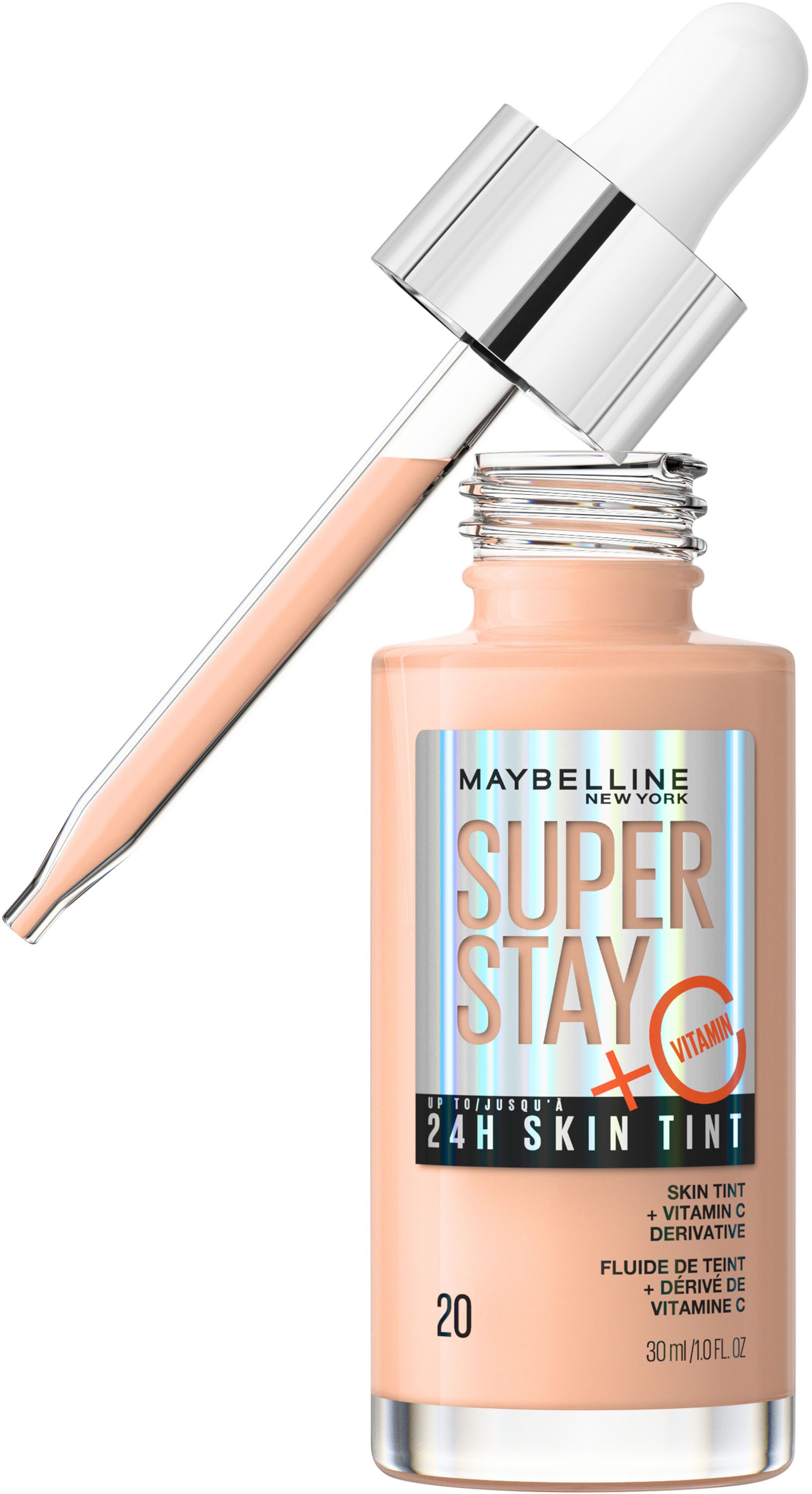 MAYBELLINE NEW YORK Foundation SUPER STAY 24H SKIN TINT MIT VITAMIN C, bietet dank hautähnlicher Pigmente eine leichte bis mittlere Deckkraft