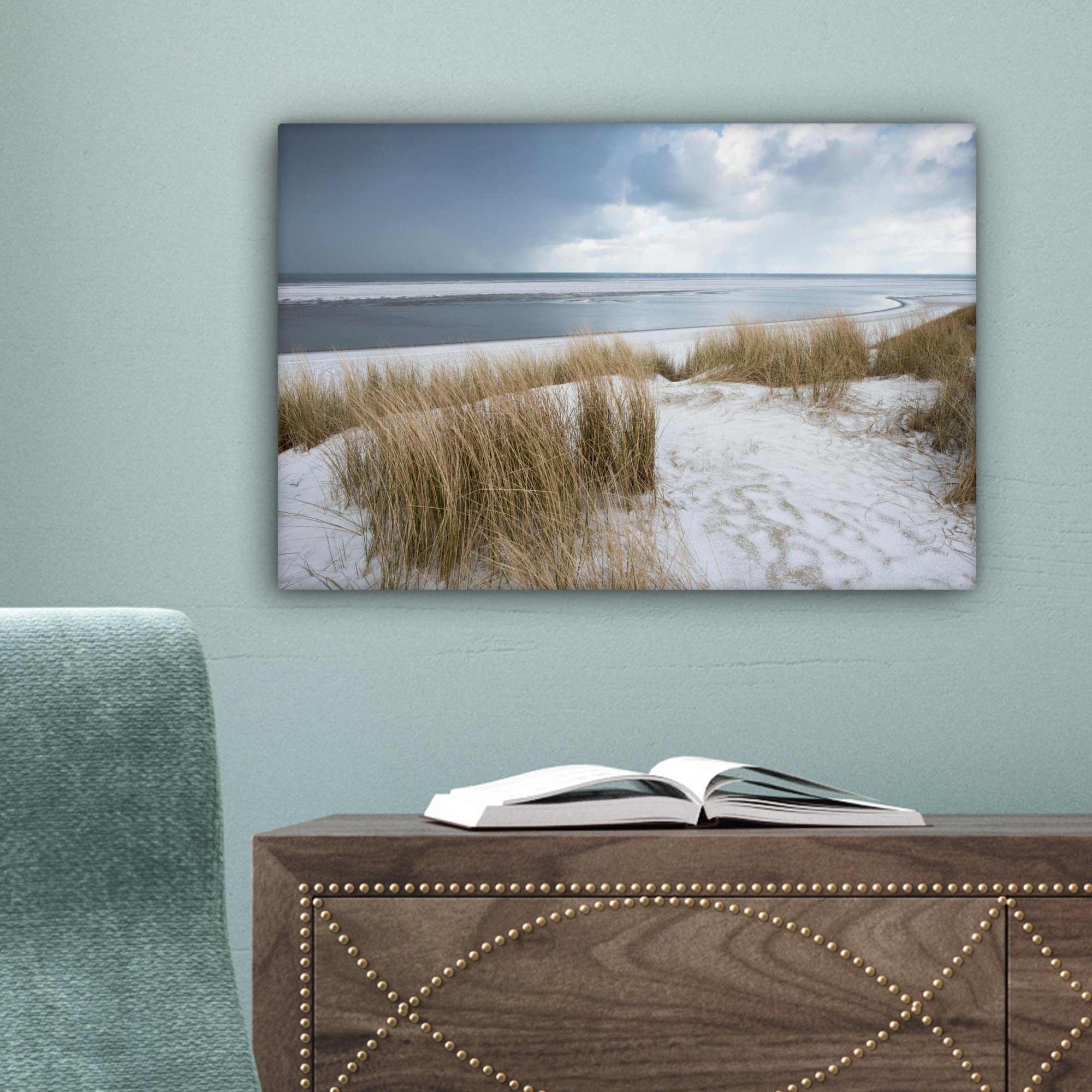 OneMillionCanvasses® Leinwandbild Nordsee - Dünen - Wasser, 30x20 Leinwandbilder, St), Aufhängefertig, (1 cm Wanddeko, Wandbild
