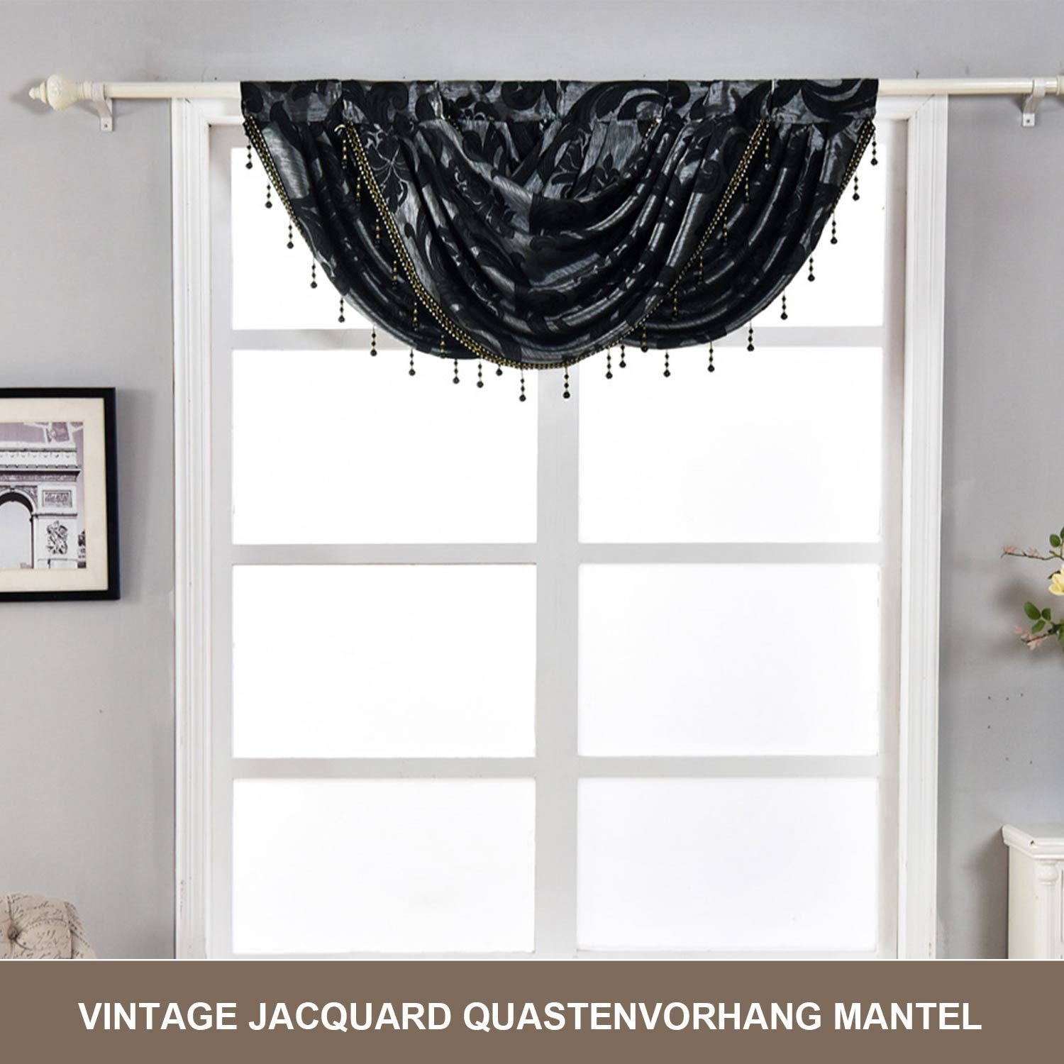 Refttenw Querbehang Vintage Jacquard Bogenstore halbtransparent Voile Vorhang mit Quasten, Fensterdekoration
