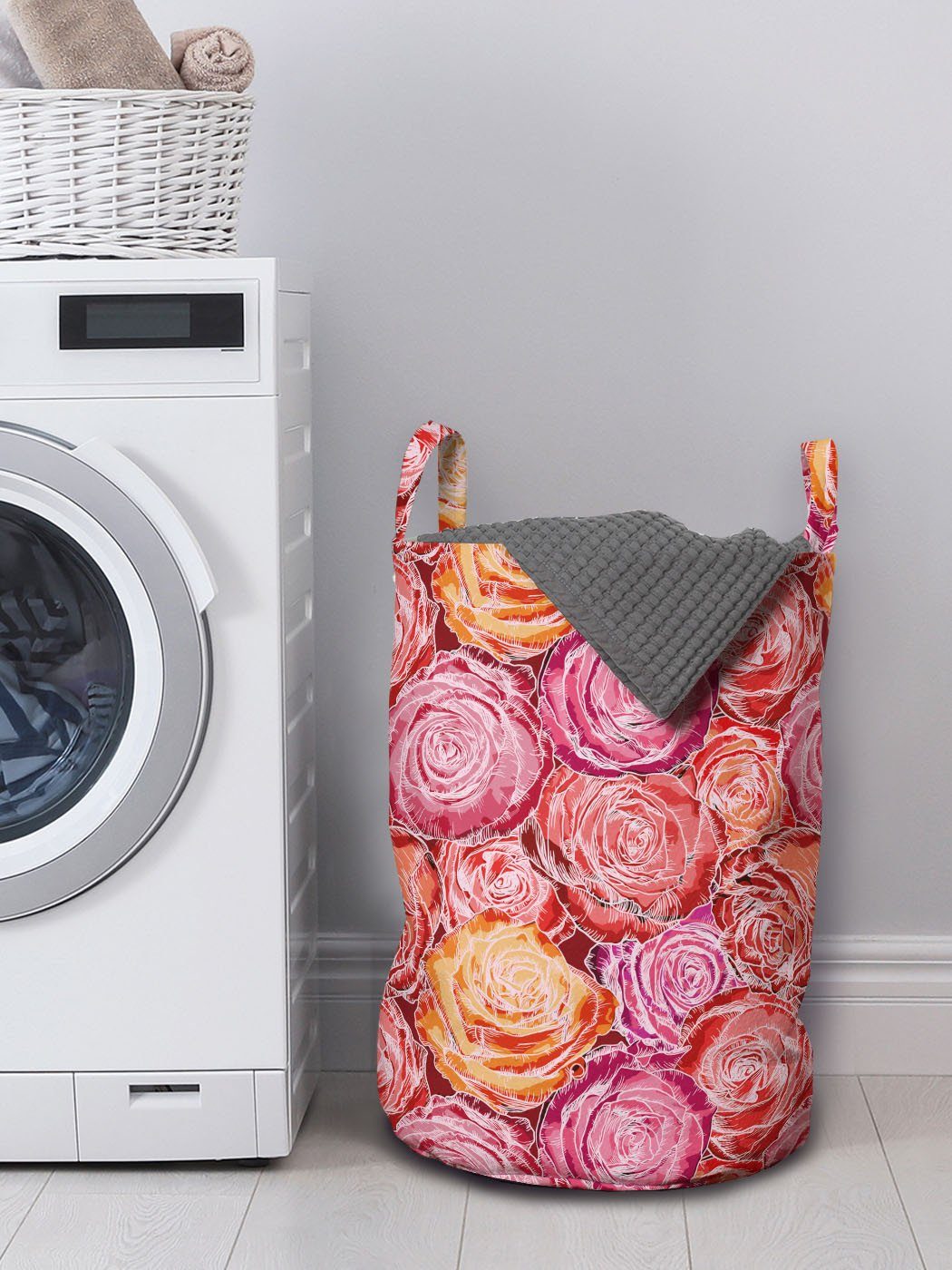 Wäschekorb Wäschesäckchen Romantische Abakuhaus Waschsalons, Blumen Kordelzugverschluss für mit rosa Griffen Rosen-Grafik