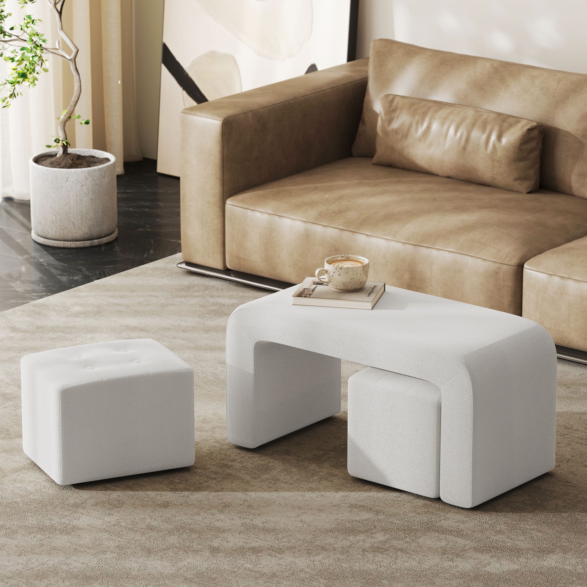 HOMCOM Fußhocker Sitzbank 3 tlg., Sitzhocker, Polsterhocker für Wohnzimmer (Fußstütze, 3 St., Sitzhocker), Weiß 89 x 42,5 x 45 cm