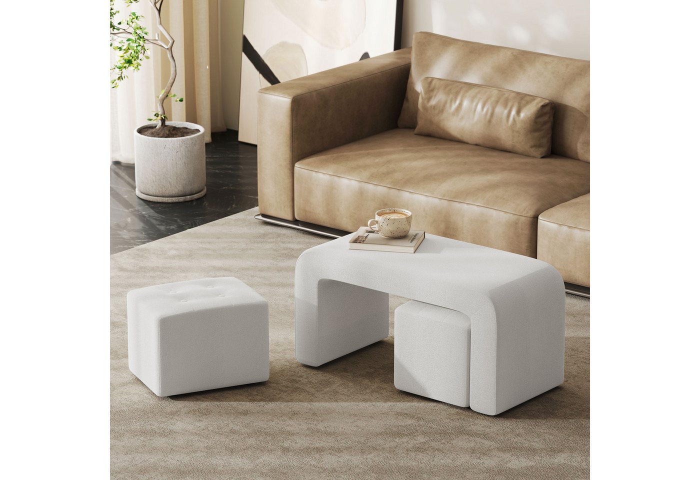 HOMCOM Fußhocker Sitzbank 3 tlg., Sitzhocker, Polsterhocker für Wohnzimmer (Fußstütze, 3 St., Sitzhocker), Weiß 89 x 42,5 x 45 cm