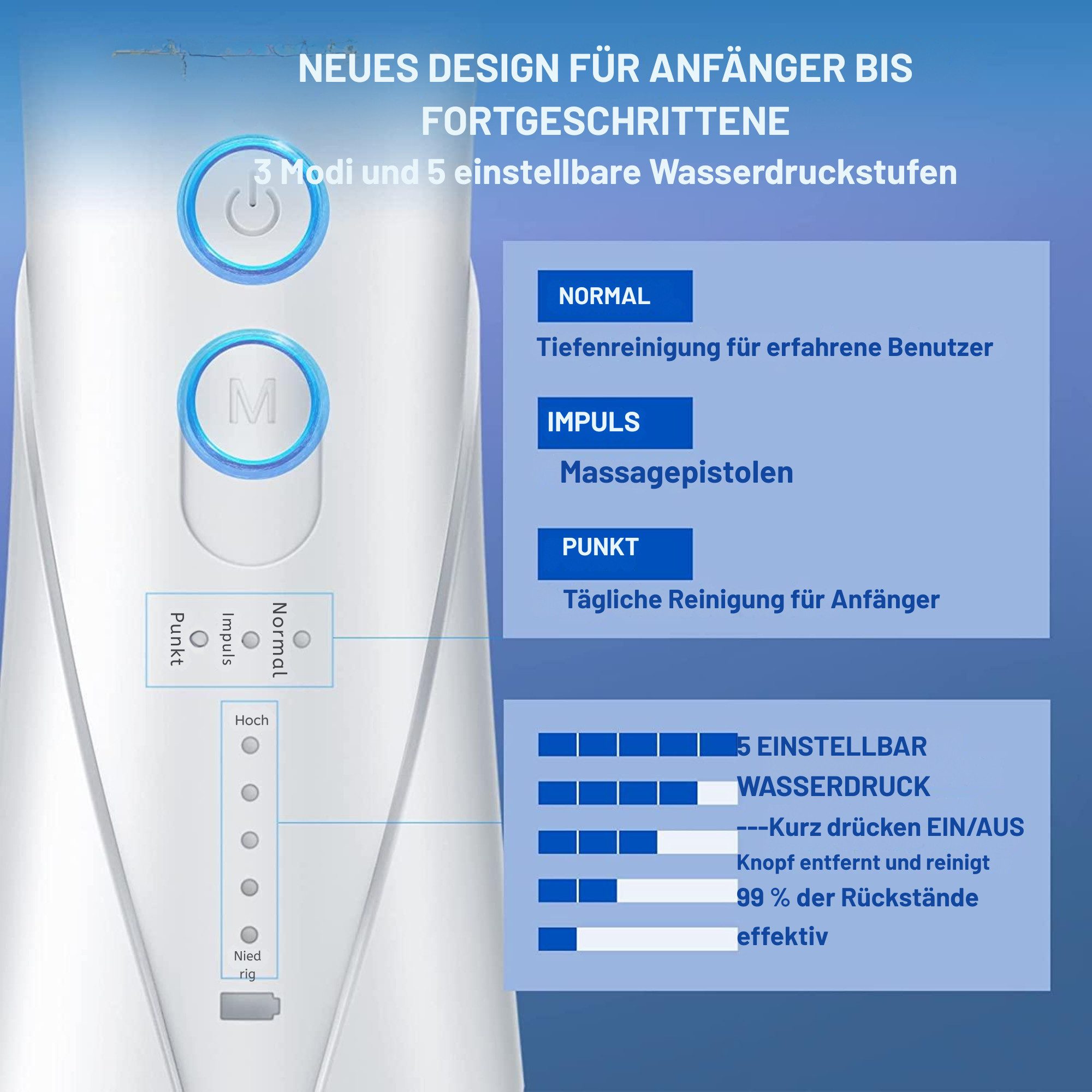 Vivitar Munddusche Wiederaufladbar mit 250 ml Wassertank, 3 Modi und 15 Druckstufen, für Zähne und Zahnzwischenräume Zahnreiniger4 Düsen, 360° Düse – Bild 2 von 5