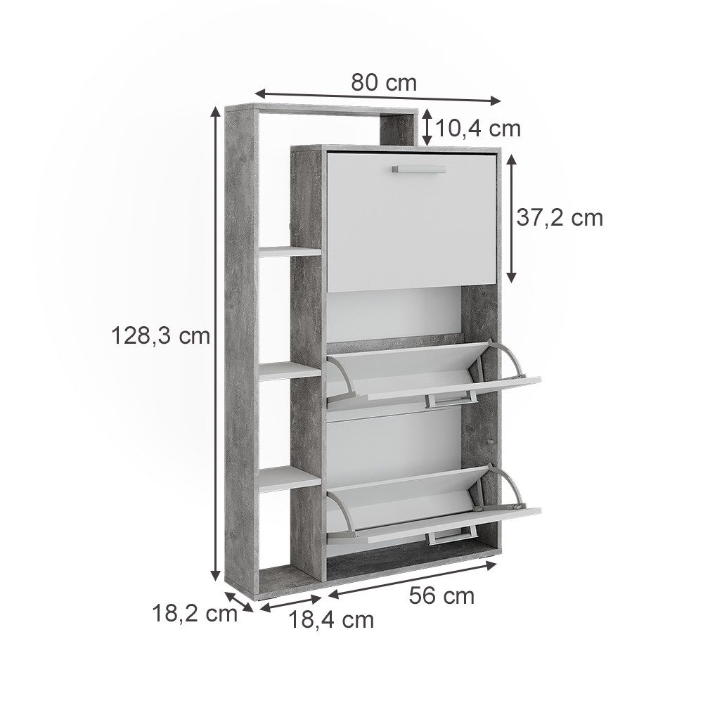 Vicco Schuhkipper Orlando, Weiß/Beton, 80 x 128.3 cm mit 3 Klappfächern (1 St)