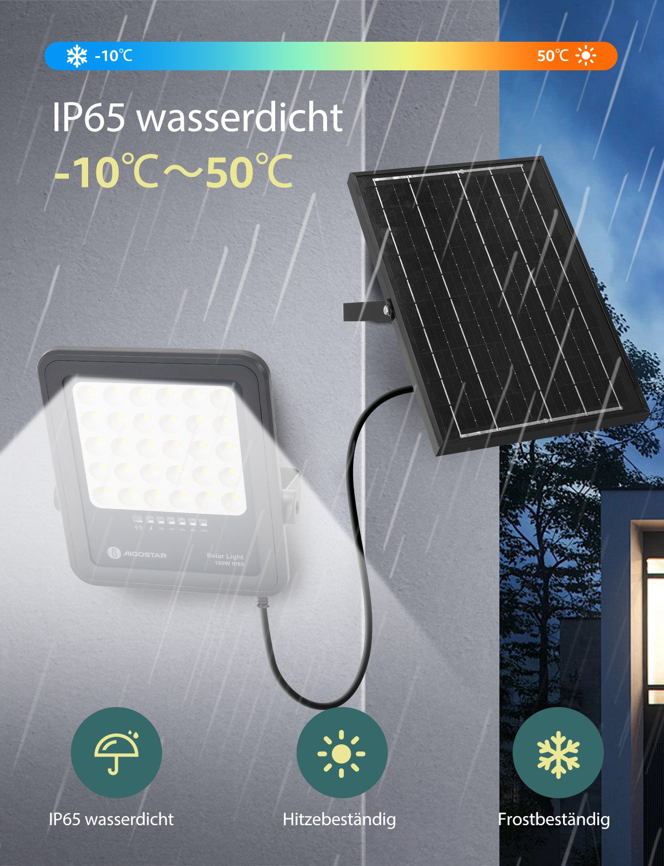 Aigostar Flutlichtstrahler Solarstrahler mit Fernbedienung,6500K,IP65 Außenstrahler,2m Kabellänge, LED fest integriert, Tageslichtweiß
