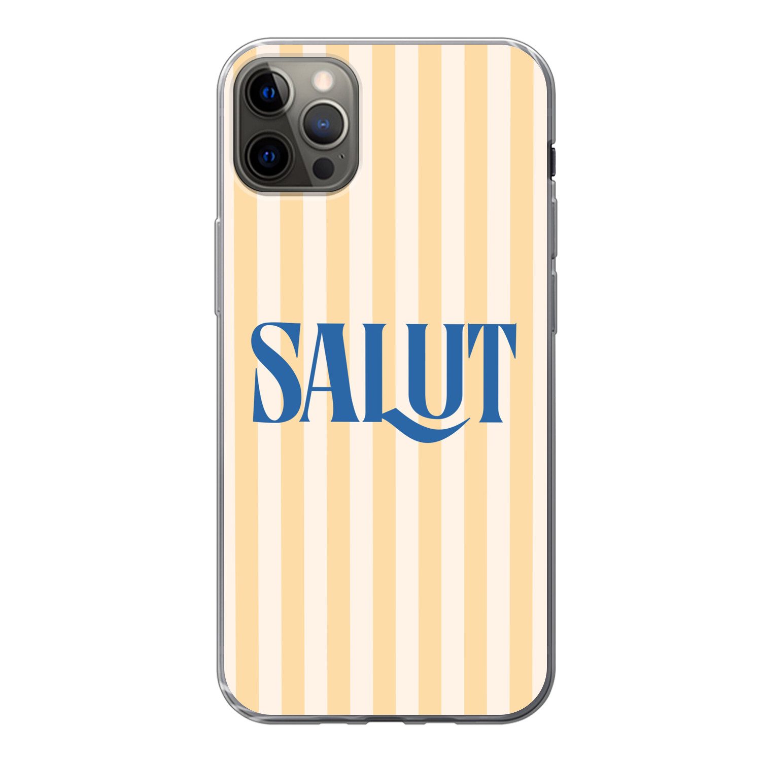 MuchoWow Handyhülle für Apple iPhone 13 Pro Max Salut - Zitat - Streifen - Gelb - Blau - W, Smartphone-Bumper, Print, Handy Schutzhülle Dünn