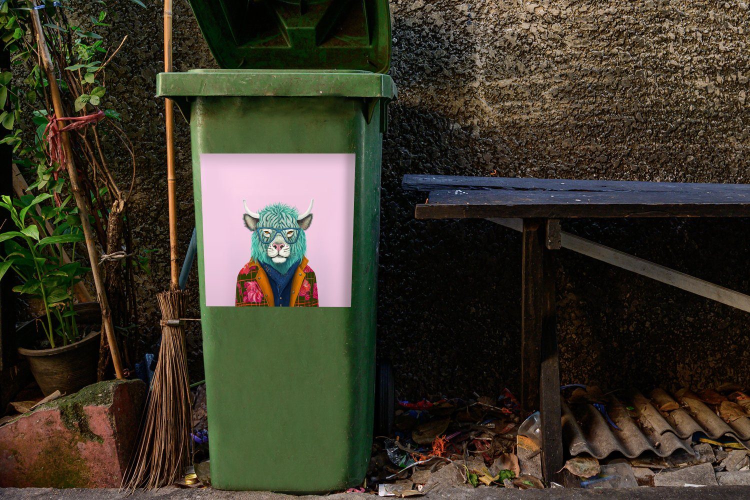 Container, - Wandsticker MuchoWow Sticker, Tier St), Abfalbehälter Büffel - Kuh Mülltonne, Mülleimer-aufkleber, - (1 Hörner Blumen -
