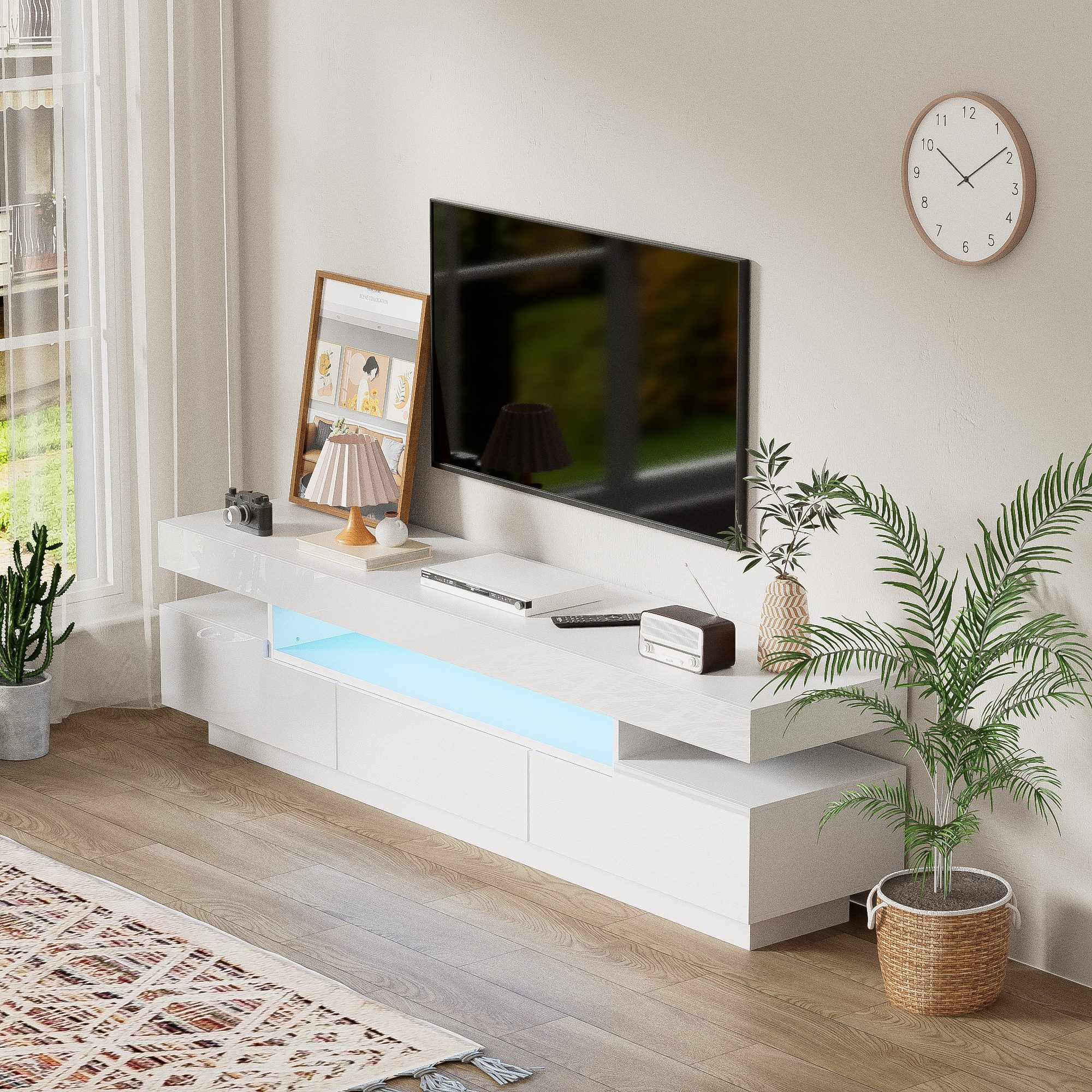 NMonet Lowboard TV-Schrank Fernsehtisch Breite 160 cm, mit Schublade und Klapptüren, Hochglanz, LED-Beleuchtung