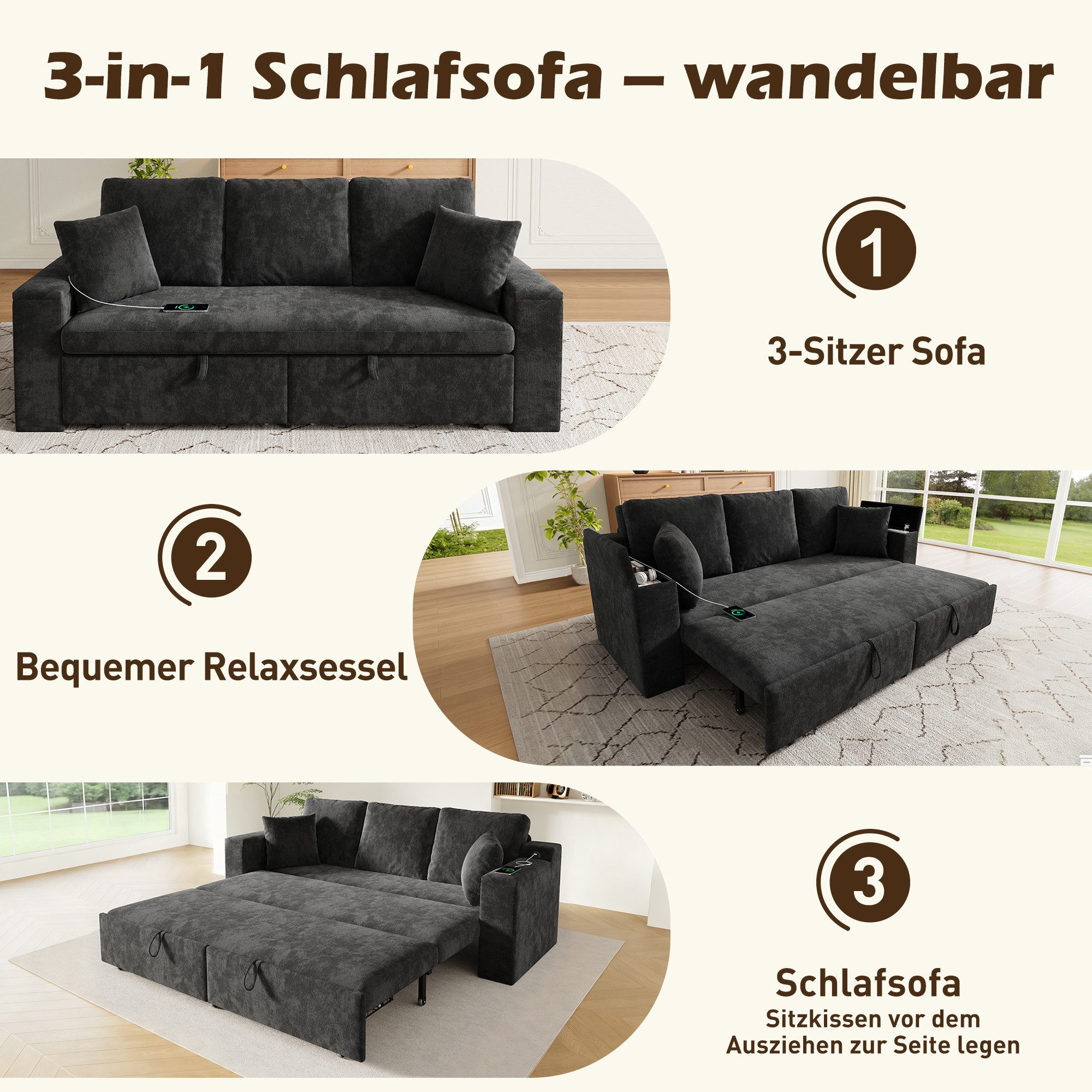 i@home 3-Sitzer mit Schlaffunktion, mit ausziehbarem Metallrahmen, Armlehnen‑Ablage und USB‑Ladeanschluss