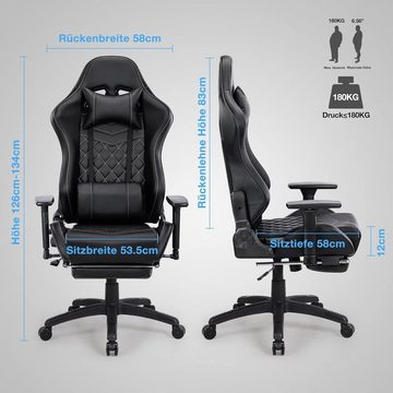JOEAIS Gaming-Stuhl Gaming Stuhl Gaming Chair Gaming Sessel pc Stuhl Ergonomischer Stuhl (Bürostuhl mit Fußstützen 180 kg Belastbarkeit Massagefunktion), mit Wippfunktion, Höhenverstellbar, Massage Lendenkissen, 155°