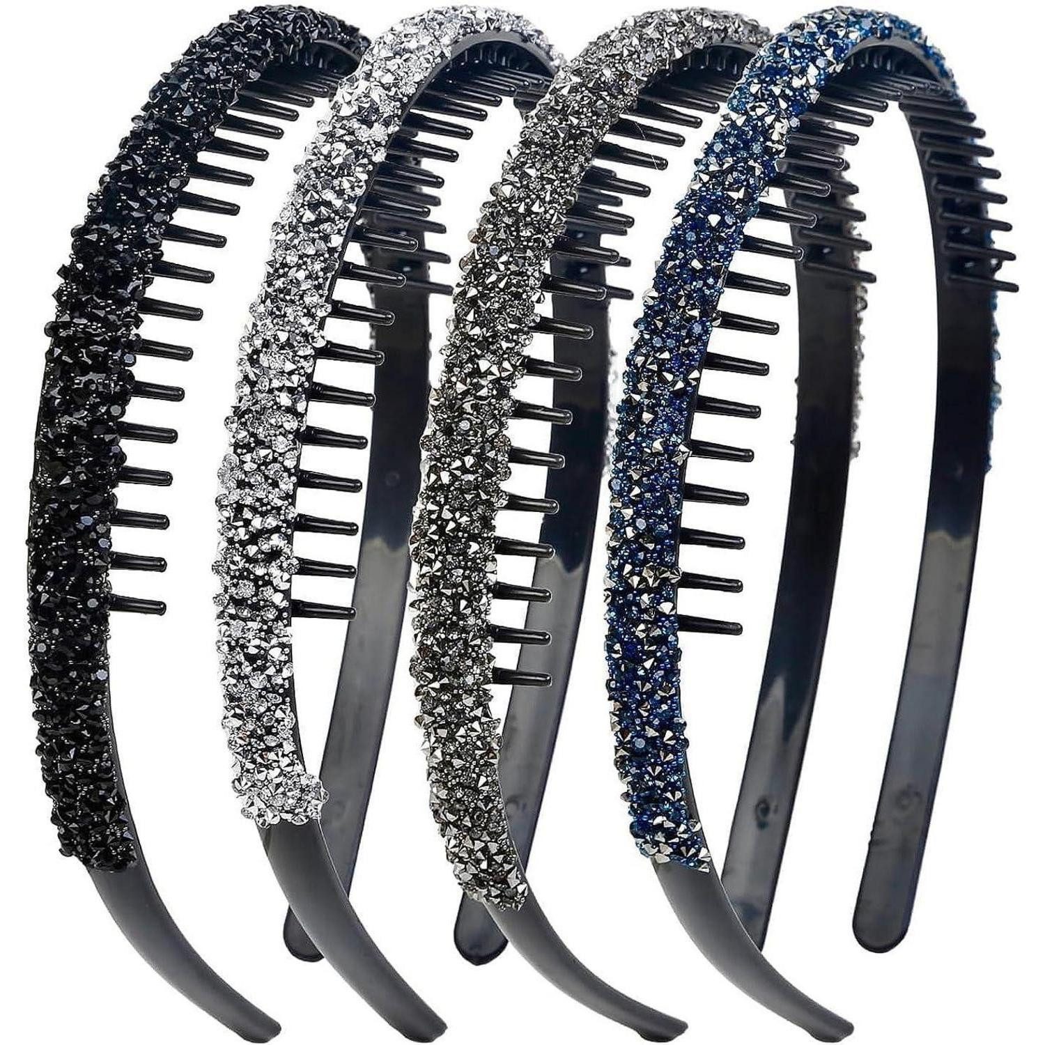 LuxusKollektion Haarreif 4 Stück Schwarz Silber Grau Dunkelblau Strass Stirnband