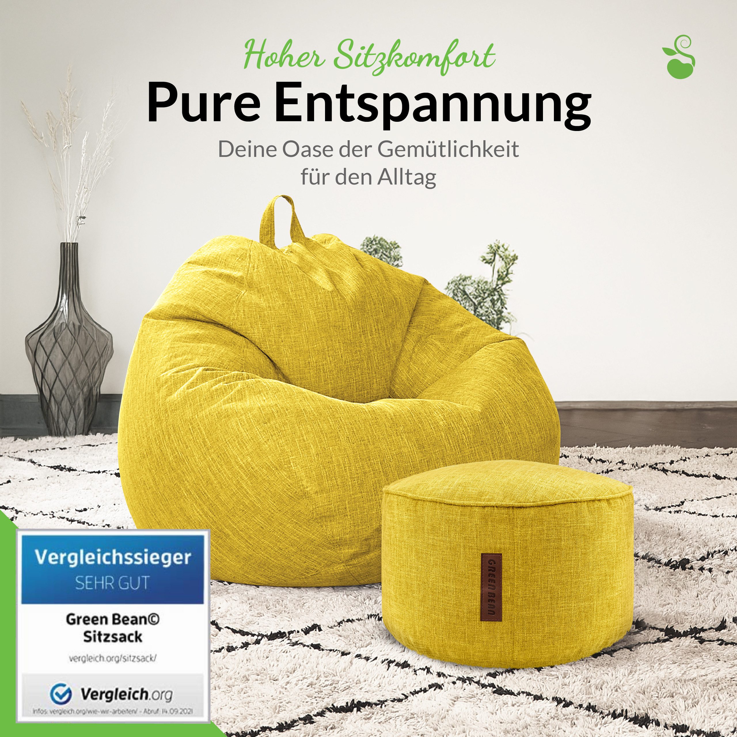 Green Bean Sitzsack Indoor Sitzsack L Home Linen + Hocker (2er Set Indoor Sitzsack 80x90x50cm + Sitzpouf 45x25cm mit EPS-Perlen Füllung -, Fußhocker Fußkissen S – Bild 5 von 5
