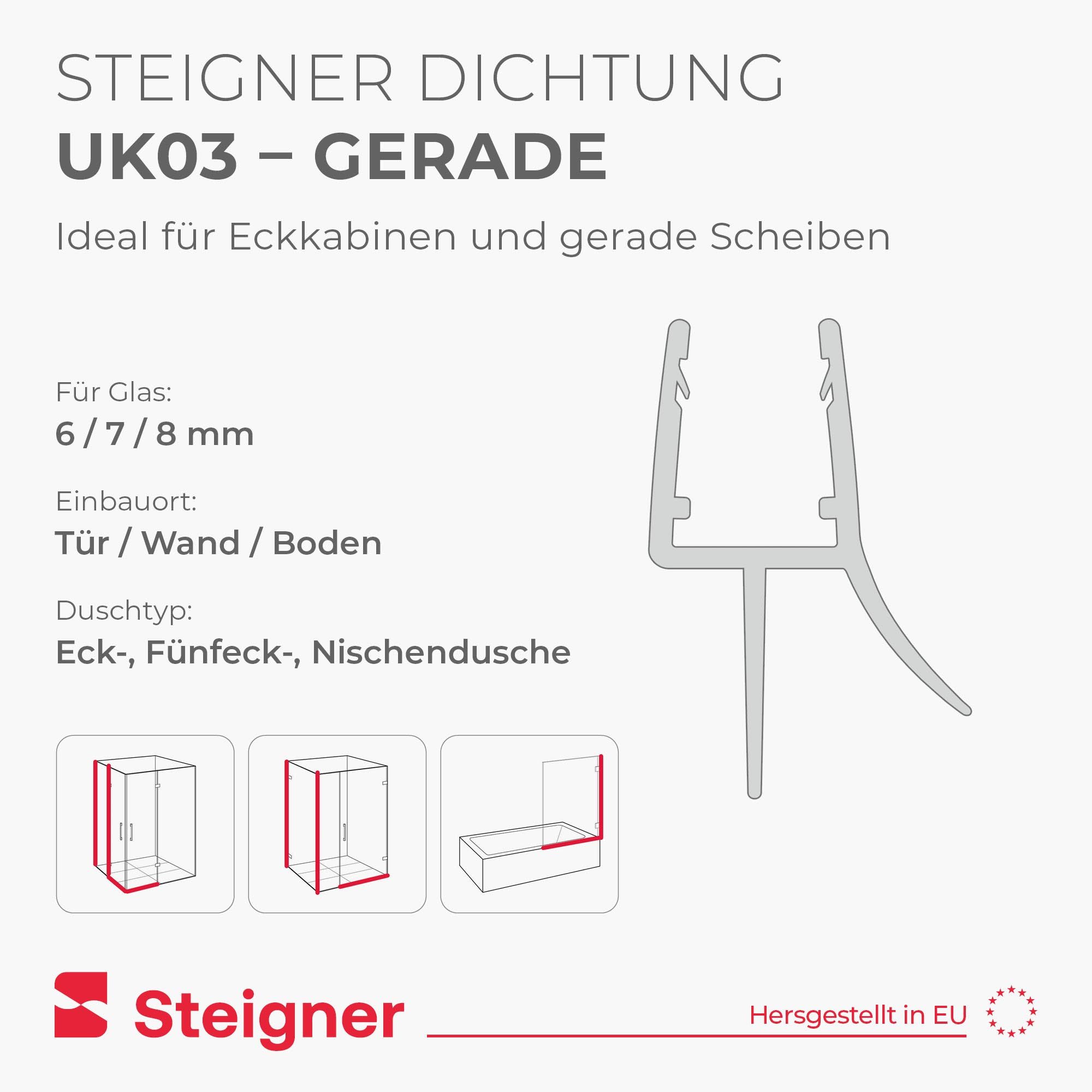 STEIGNER Duschdichtung 130cm Gerade PVC Ersatzdichtung für Dusche, L: 130 cm, (1 Stück Packung, Einzeldichtung), Glasstärke 6/7/ 8 mm Model: UK03