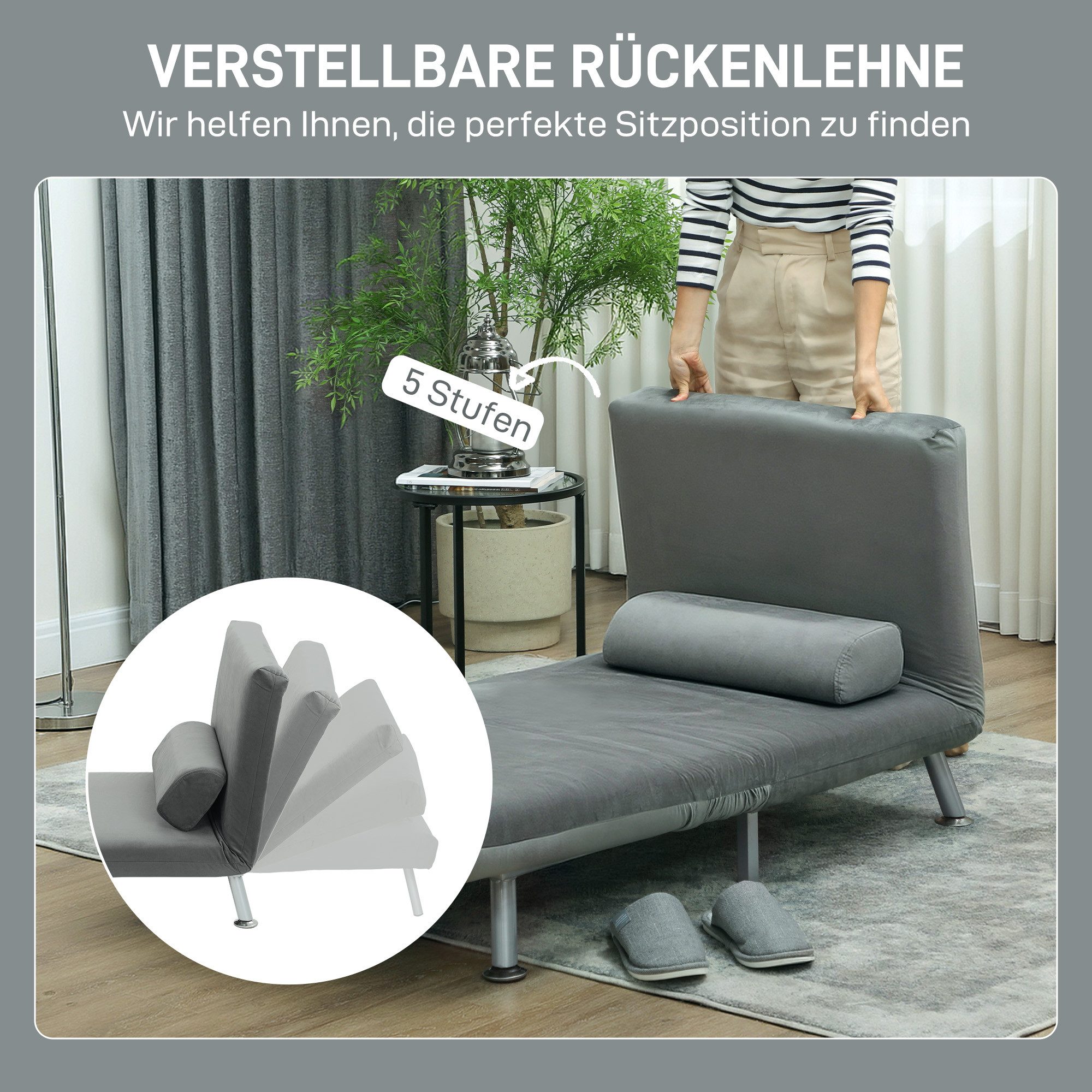 HOMCOM Sessel mit Bettfunktion, Rückenkissen (klappbarer Relaxsessel, 1-St., Klappsessel), bis 150 kg belastbar, für Wohnzimmer, Grau